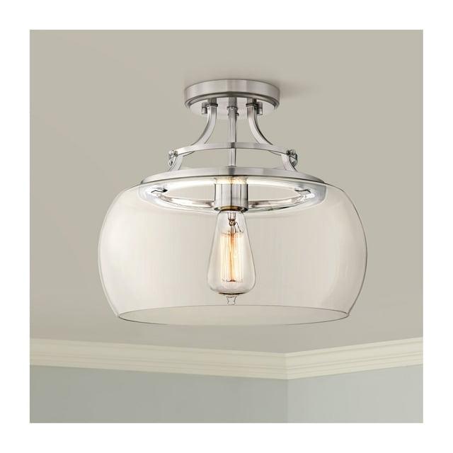 Franklin Iron Works Charleston Modern Industrial Ceiling Light Semi Flush Mount Fixture 13 1/2" Wide Brushed Nickel LED Clear Glass Shade for Bedroom