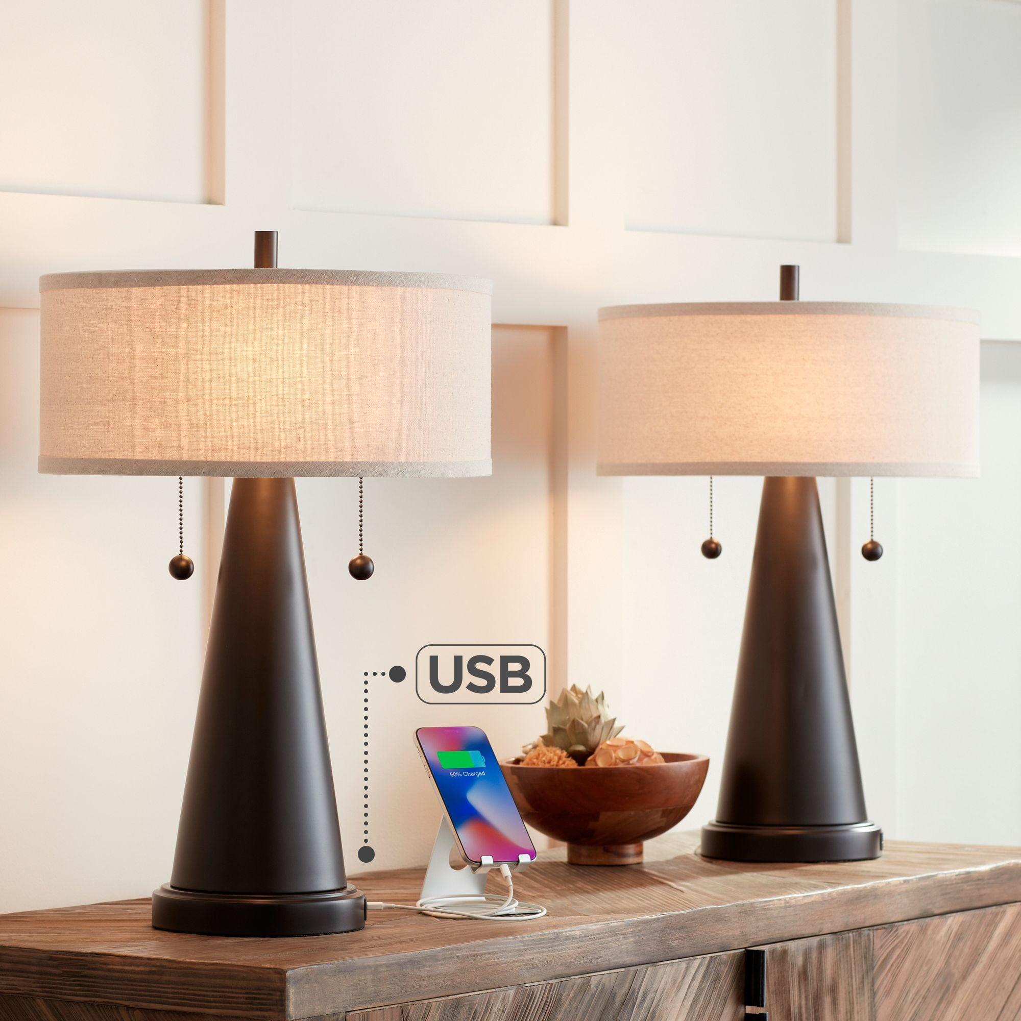 Bronze Tapered Table Lamps with Natural Drum Shades and USB Ports, Set of 2