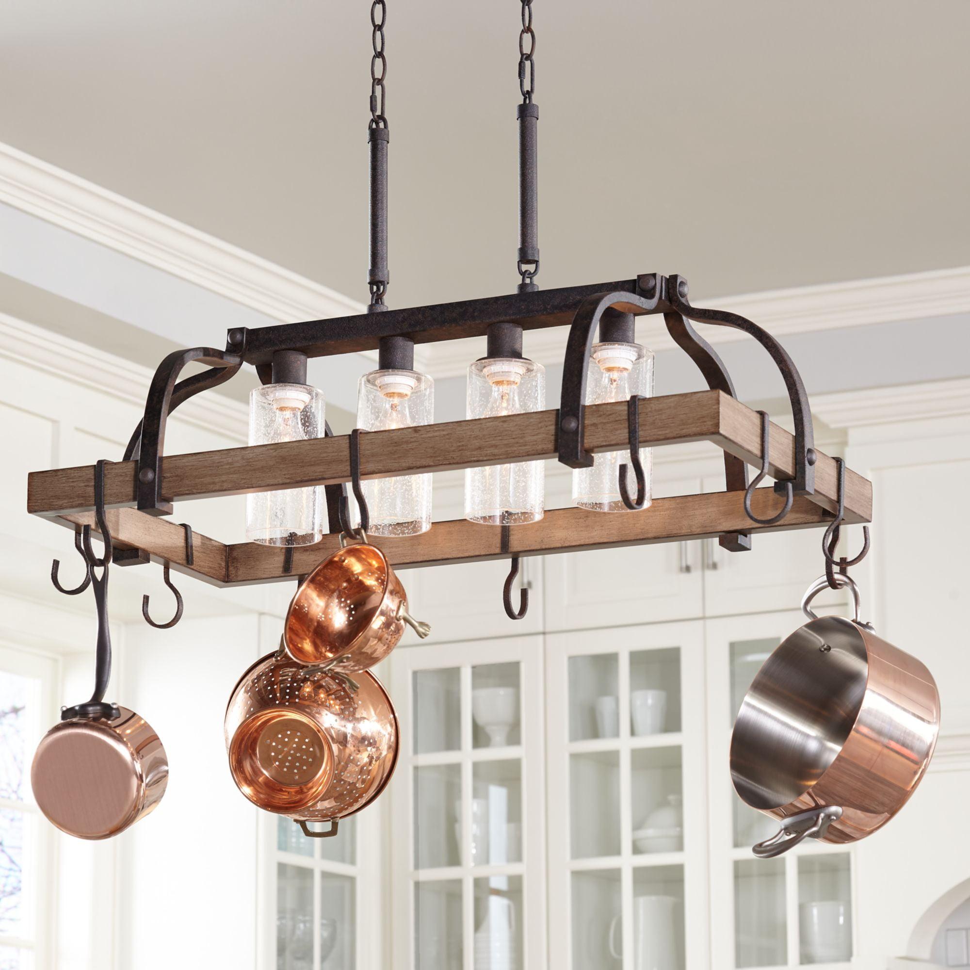 Eldridge Bronze and Wood Pot Rack Chandelier with Seeded Glass