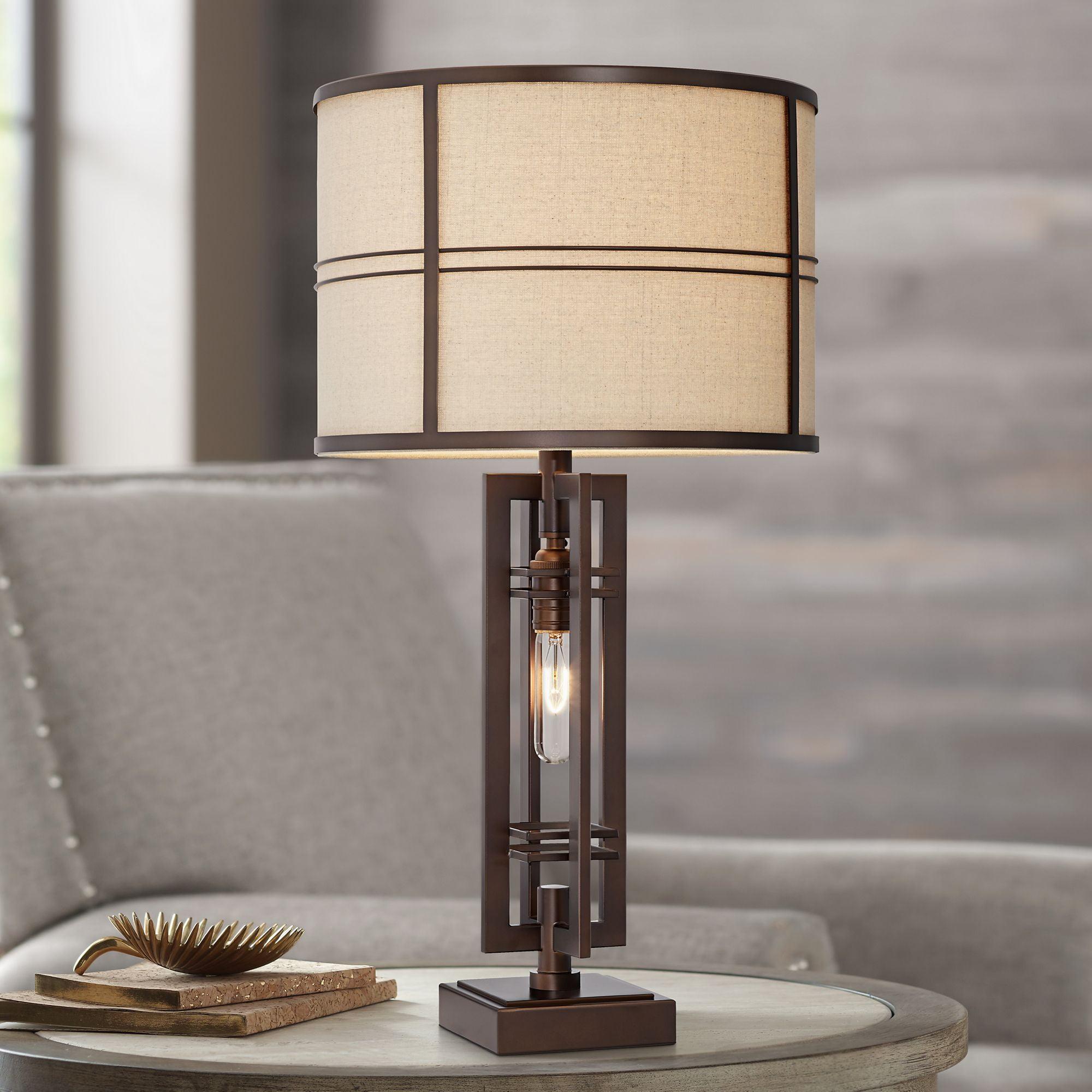 Franklin Iron Works Elias Modern Industrial Table Lamp 28" Tall Oiled Bronze with Nightlight Off White Oatmeal Drum Shade for Bedroom Living Room Kids