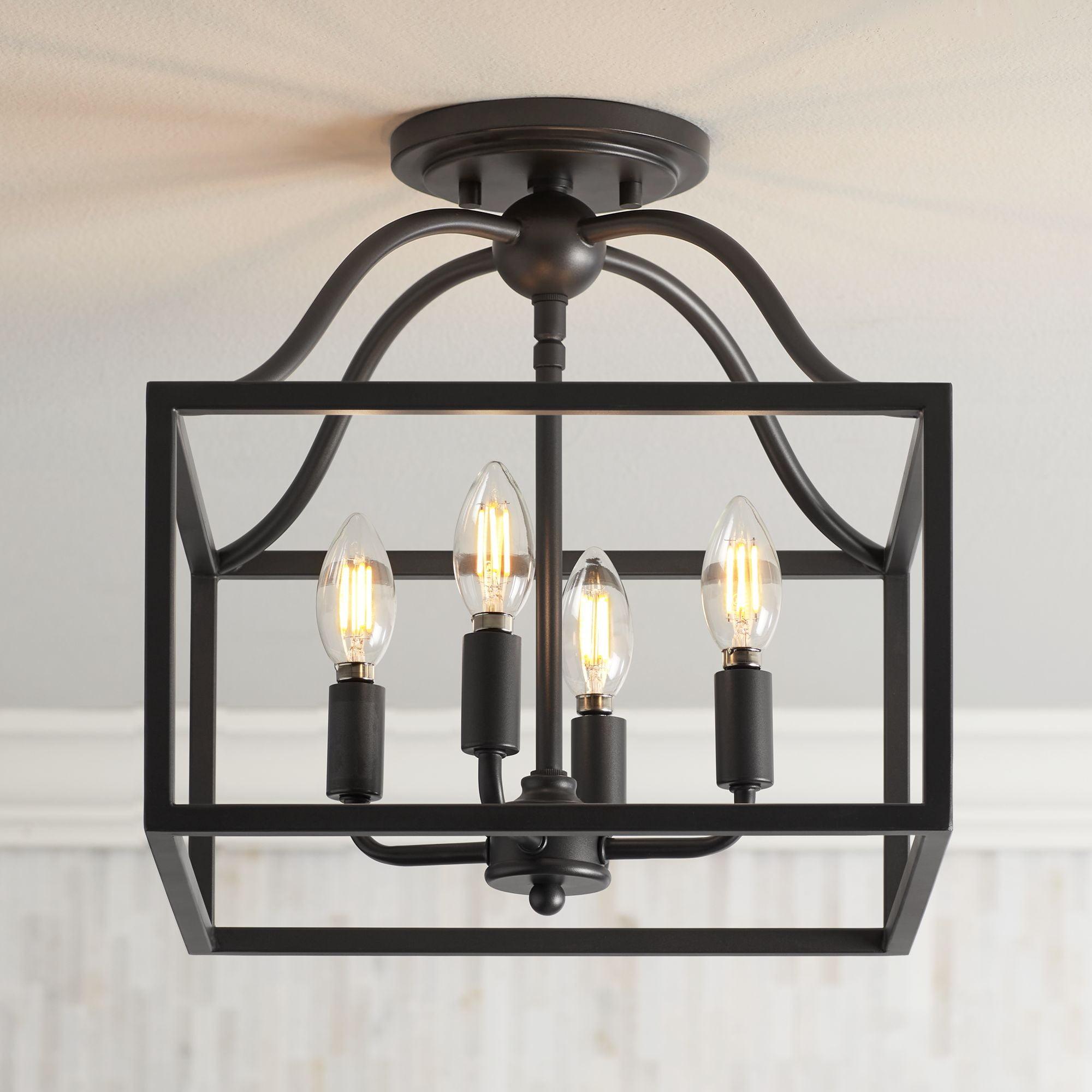 Franklin Iron Works Elle Rustic Industrial Ceiling Light Semi Flush Mount Fixture 13" Wide Black 4-Light Square Cage for Bedroom Living Room Kitchen