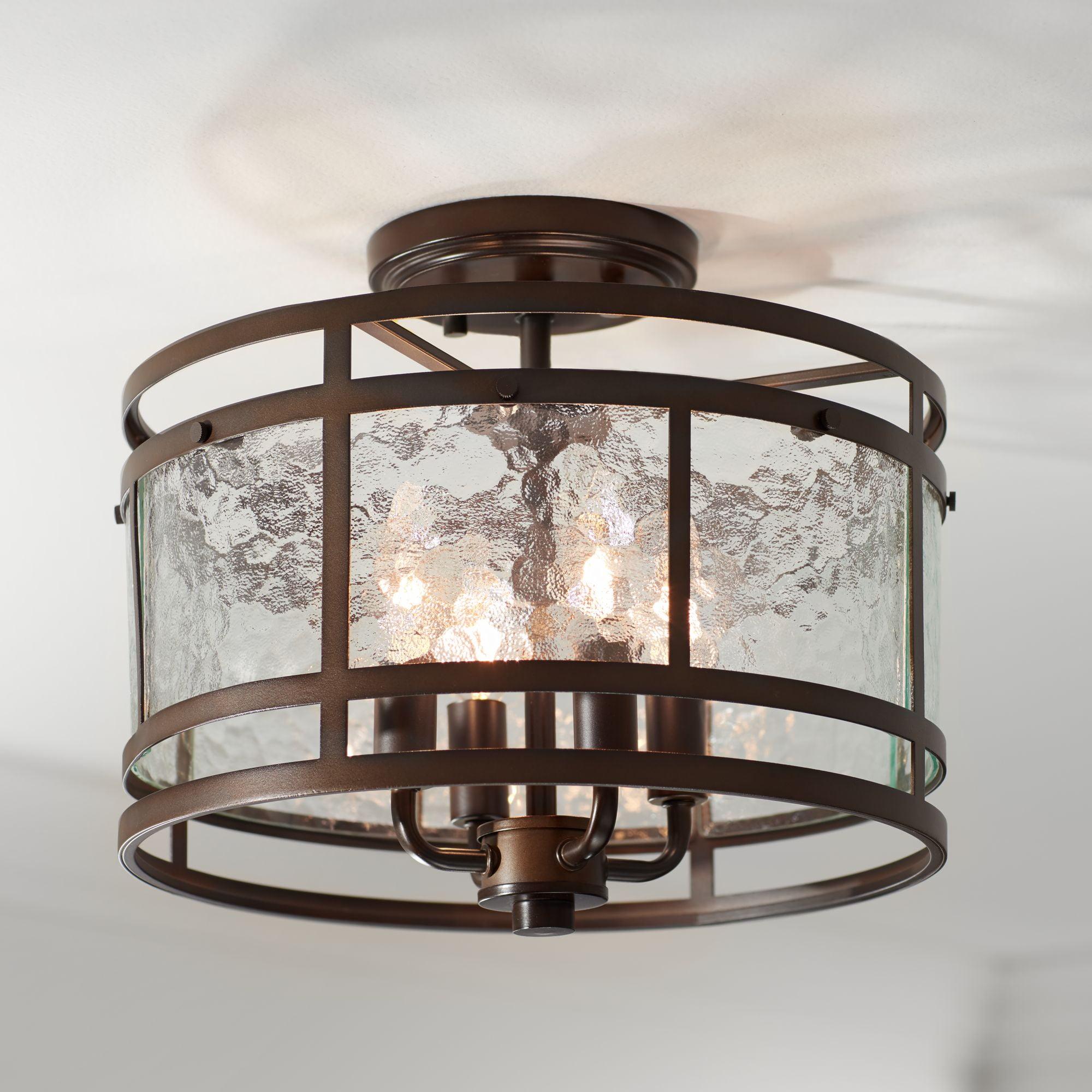 Bronze and Glass Drum Semi Flush Mount Ceiling Light