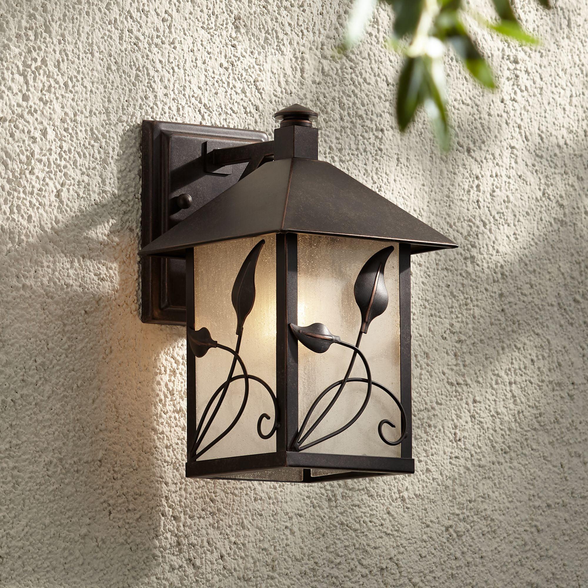 Franklin Iron Works French Garden Rustic Farmhouse Outdoor Wall Light Fixture Bronze Leaf Vine 12 1/2" Clear Seedy Glass for Post Exterior Barn Deck
