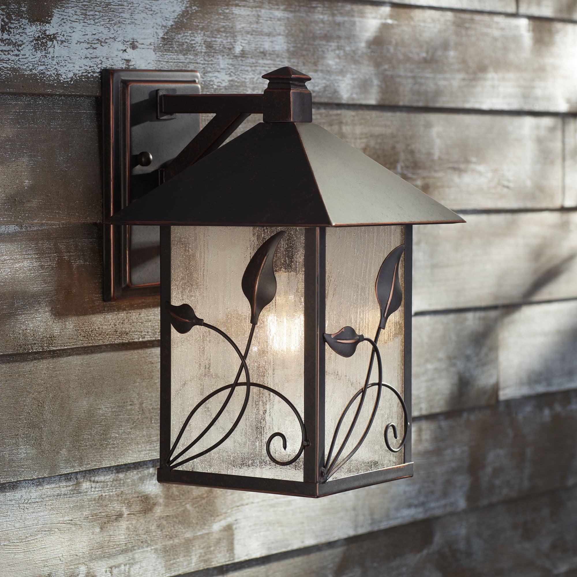 French Garden Leaf-Vine Motif Outdoor Wall Light in Bronze with Seedy Glass