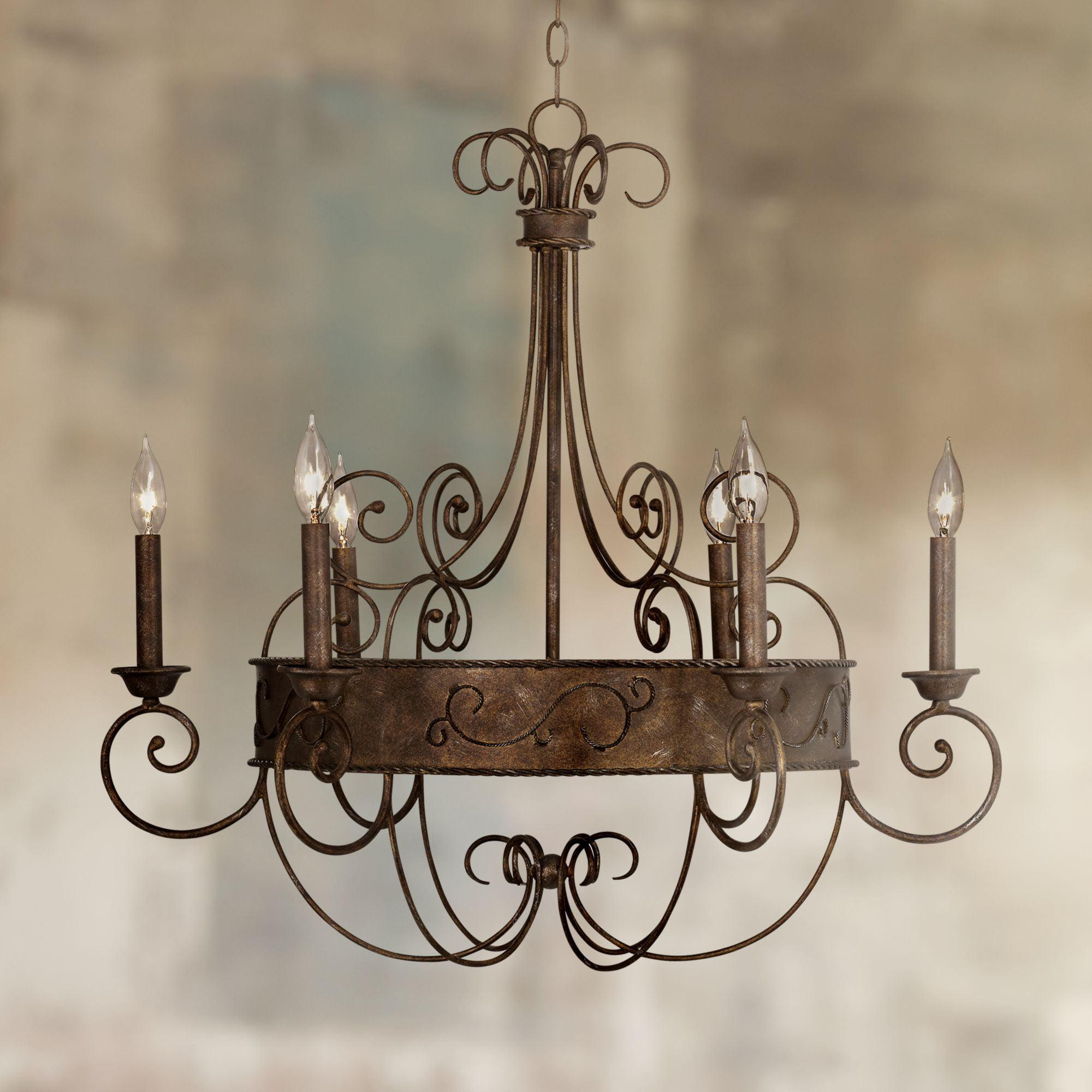 Rustic Bronze Scrollwork Chandelier with Candle Sleeves, 30" Wide