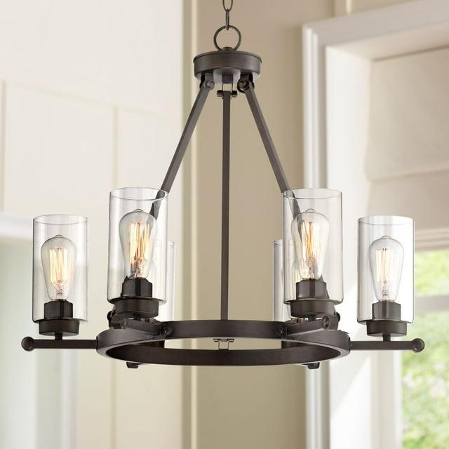 Franklin Iron Works Holman Bronze Wagon Wheel Chandelier 26 3/4" Wide Rustic Farmhouse Clear Glass 6-Light Fixture for Dining Room Kitchen Island Home