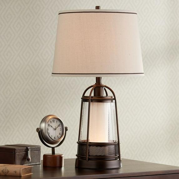 Franklin Iron Works Hugh Industrial Rustic Table Lamp 26" High Bronze Metal Seeded Glass with LED Nightlight Off White Shade for Bedroom Living Room