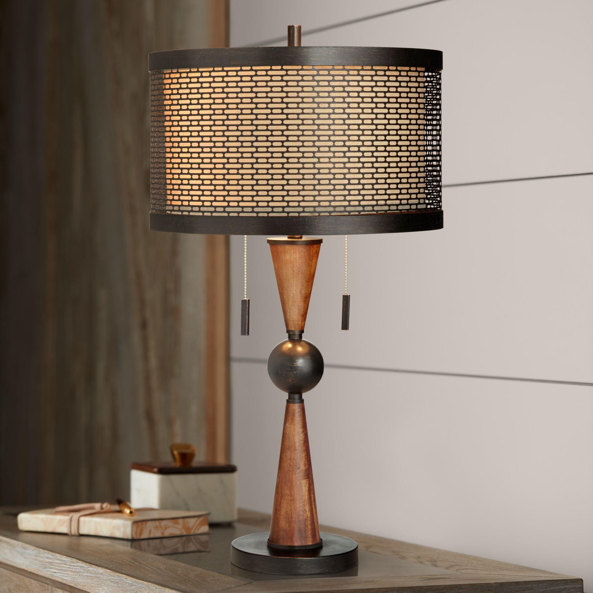 Franklin Iron Works Hunter Modern Rustic Farmhouse Table Lamp 29 3/4" Tall Cherry Wood Bronze Metal Double Drum Shade for Bedroom Living Room House