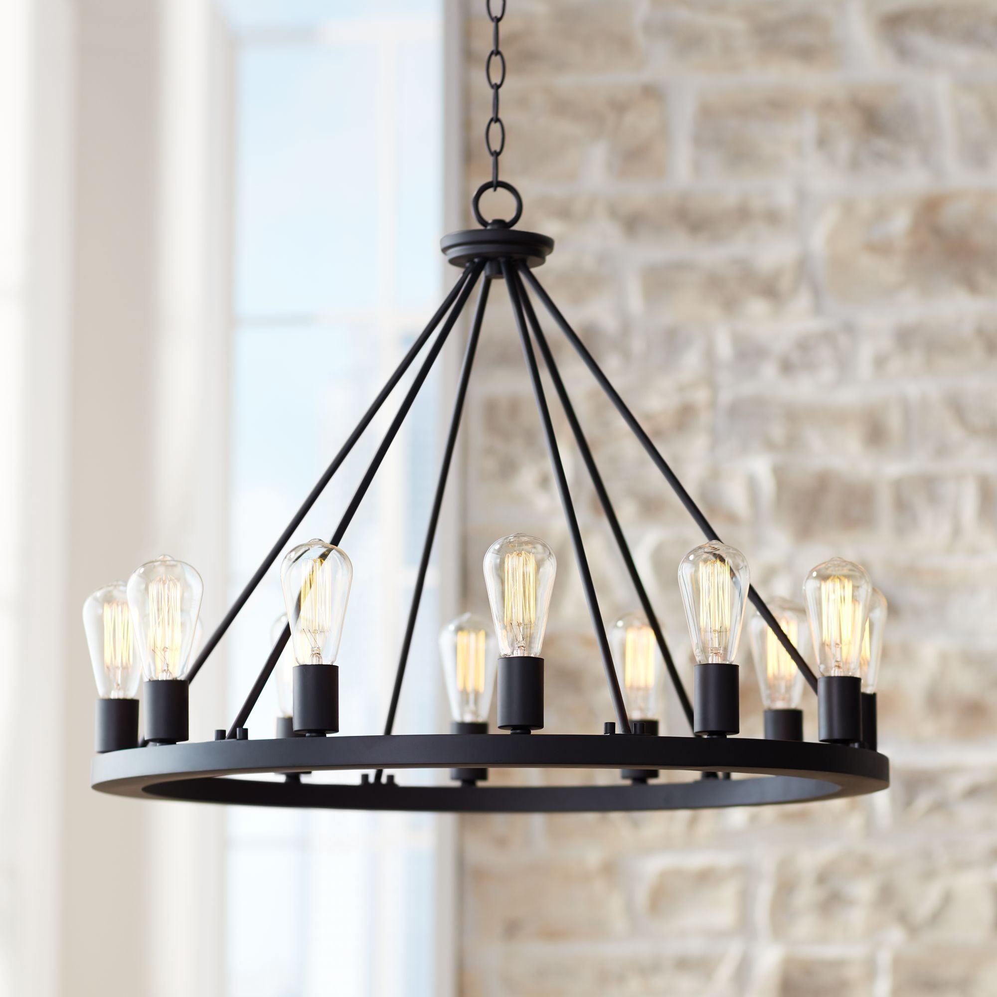 Franklin Iron Works Lacey Black Wagon Wheel Chandelier 28" Wide Industrial 12-Light LED Fixture for Dining Room House Foyer Kitchen Island Entryway