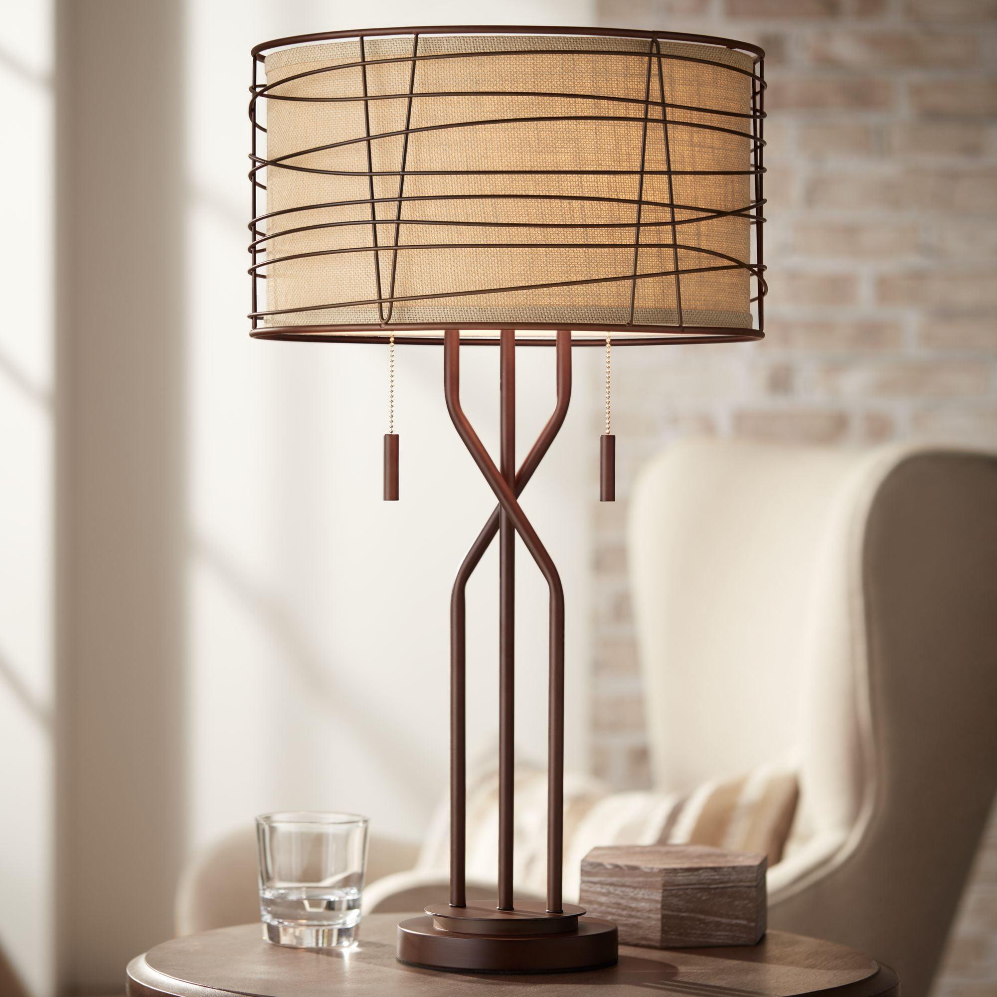 Franklin Iron Works Marlowe 28 3/4" Tall Rustic Modern End Table Lamp Pull Chain Brown Bronze Finish Metal Single Woven Shade Living Room Bedroom