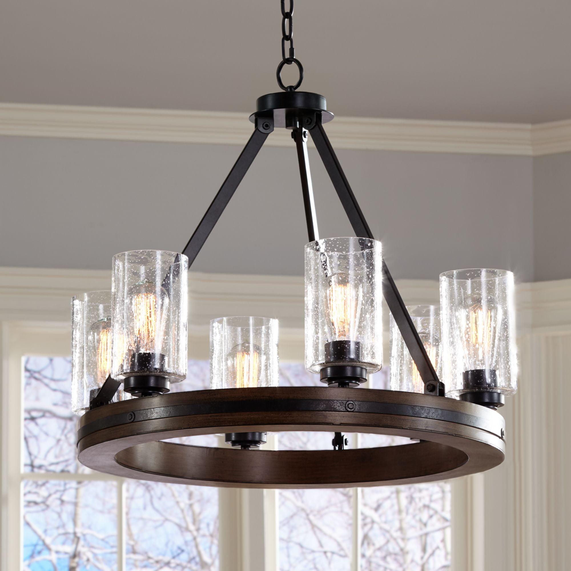 Bronze and Wood Wagon Wheel Chandelier with Clear Glass Shades