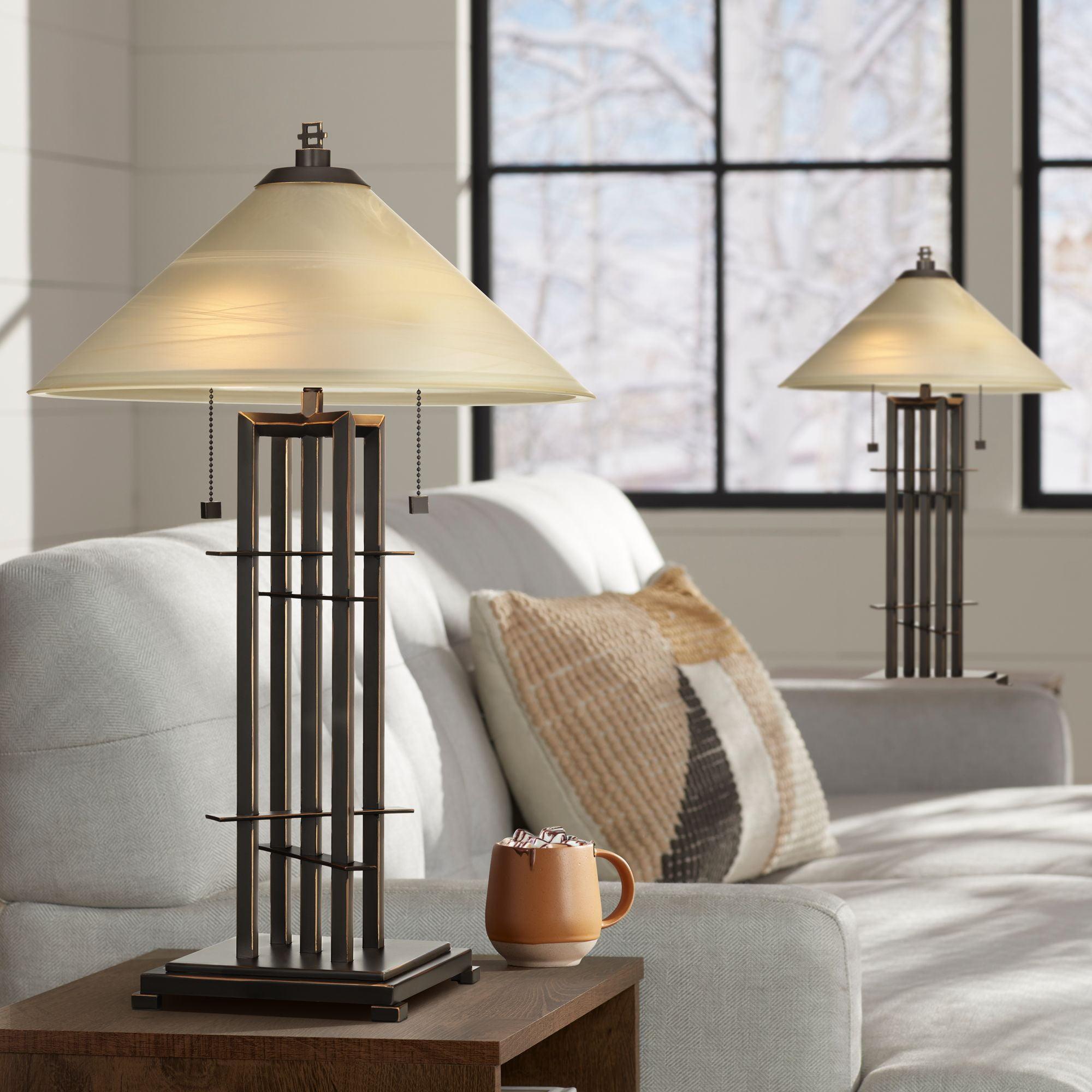 Bronze Mission-Style Table Lamps with Art Glass Shades, Set of 2