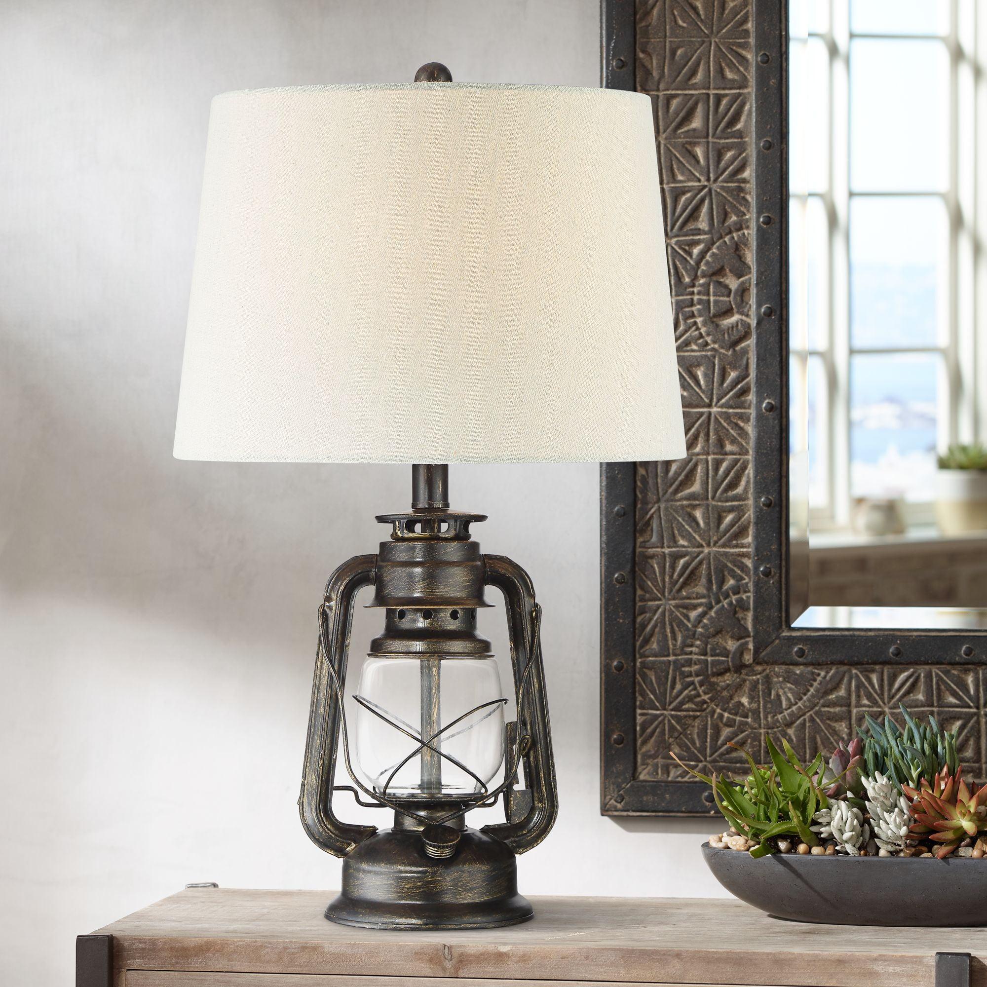 Weathered Bronze Industrial Lantern Table Lamp with Oatmeal Shade