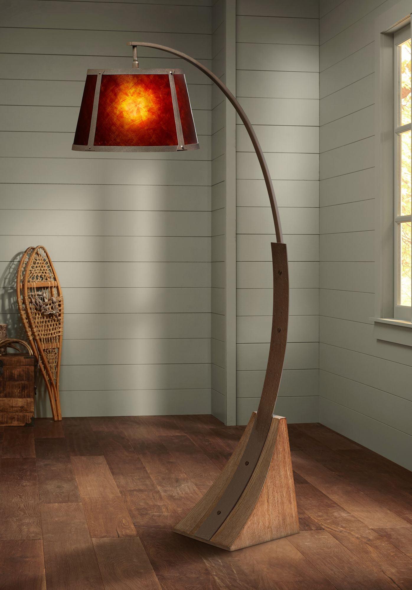 Franklin Iron Works Oak River Rustic Mission Arc Floor Lamp 66 1/2" Tall Dark Rust Wood Amber Mica Drum Shade for Living Room Reading Bedroom Office