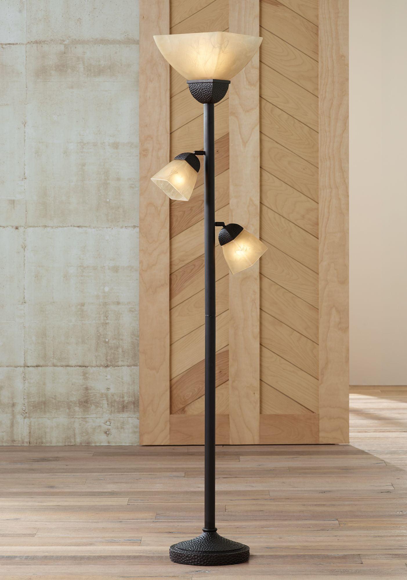 Franklin Iron Works Rustic Farmhouse Mission Torchiere Floor Lamp 71 1/2" Tall Roman Bronze 3-Light Frosted Champagne Amber Glass for Living Room