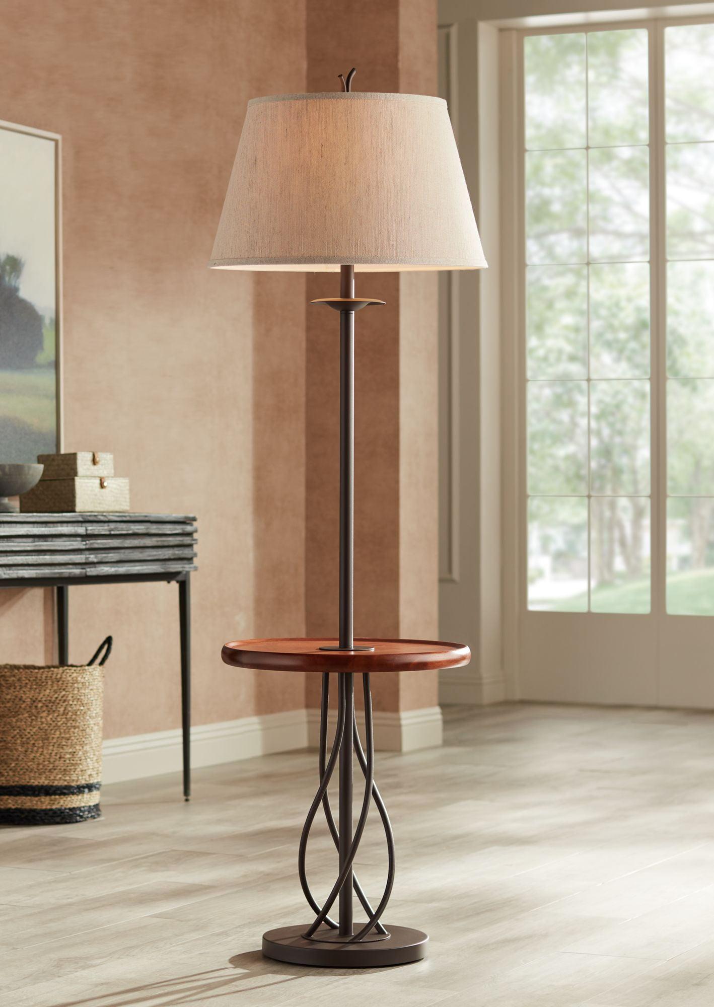 Rustic Walnut & Iron Floor Lamp with Linen Shade and Tray Table