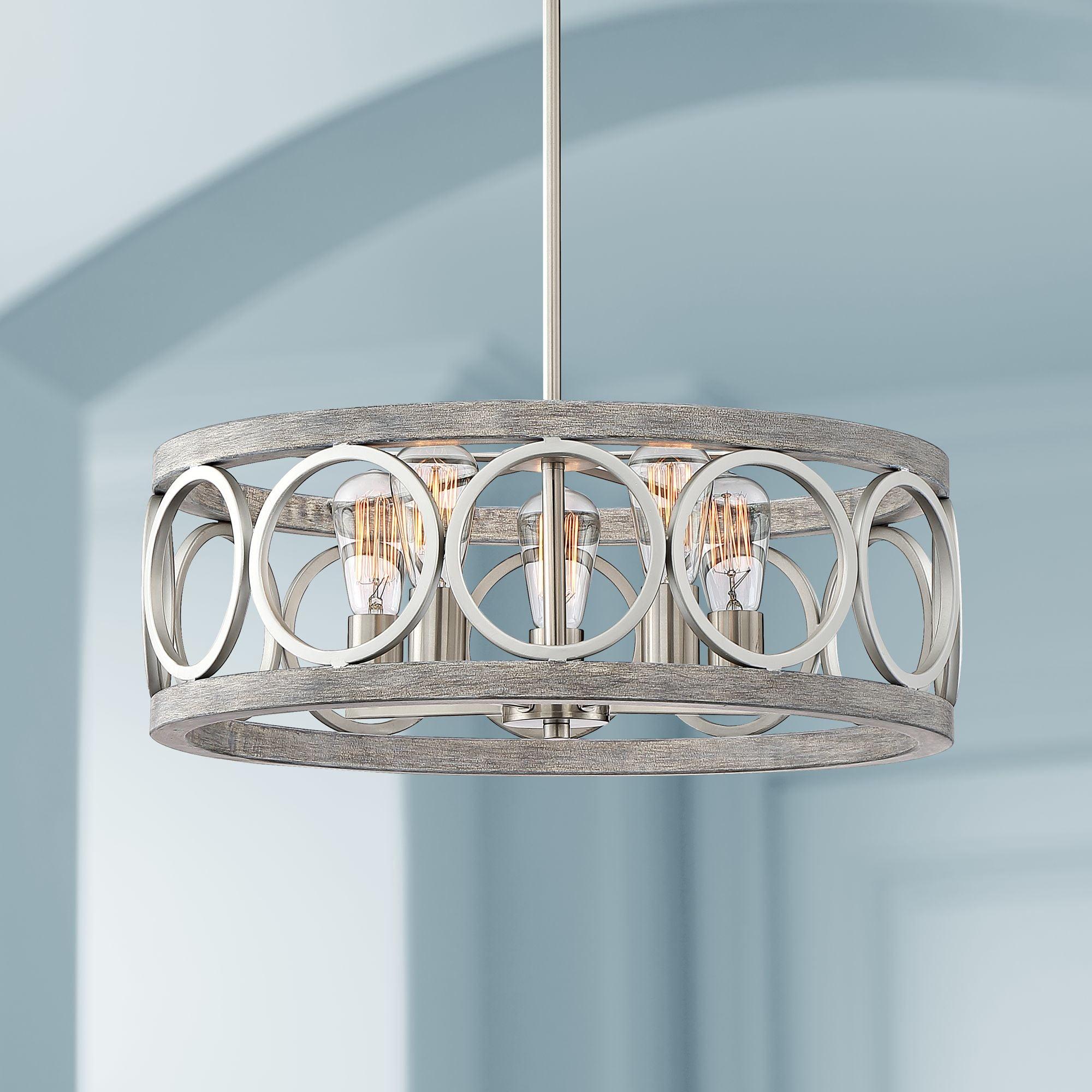 Brushed Nickel and Gray Wood Drum Pendant Chandelier