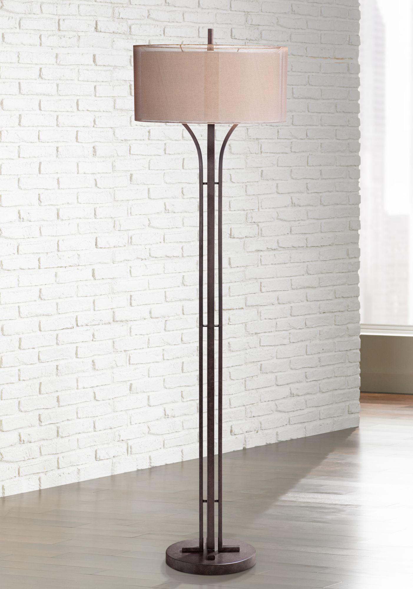 Tristan 64" Bronze Metal Floor Lamp with Linen Double Drum Shade