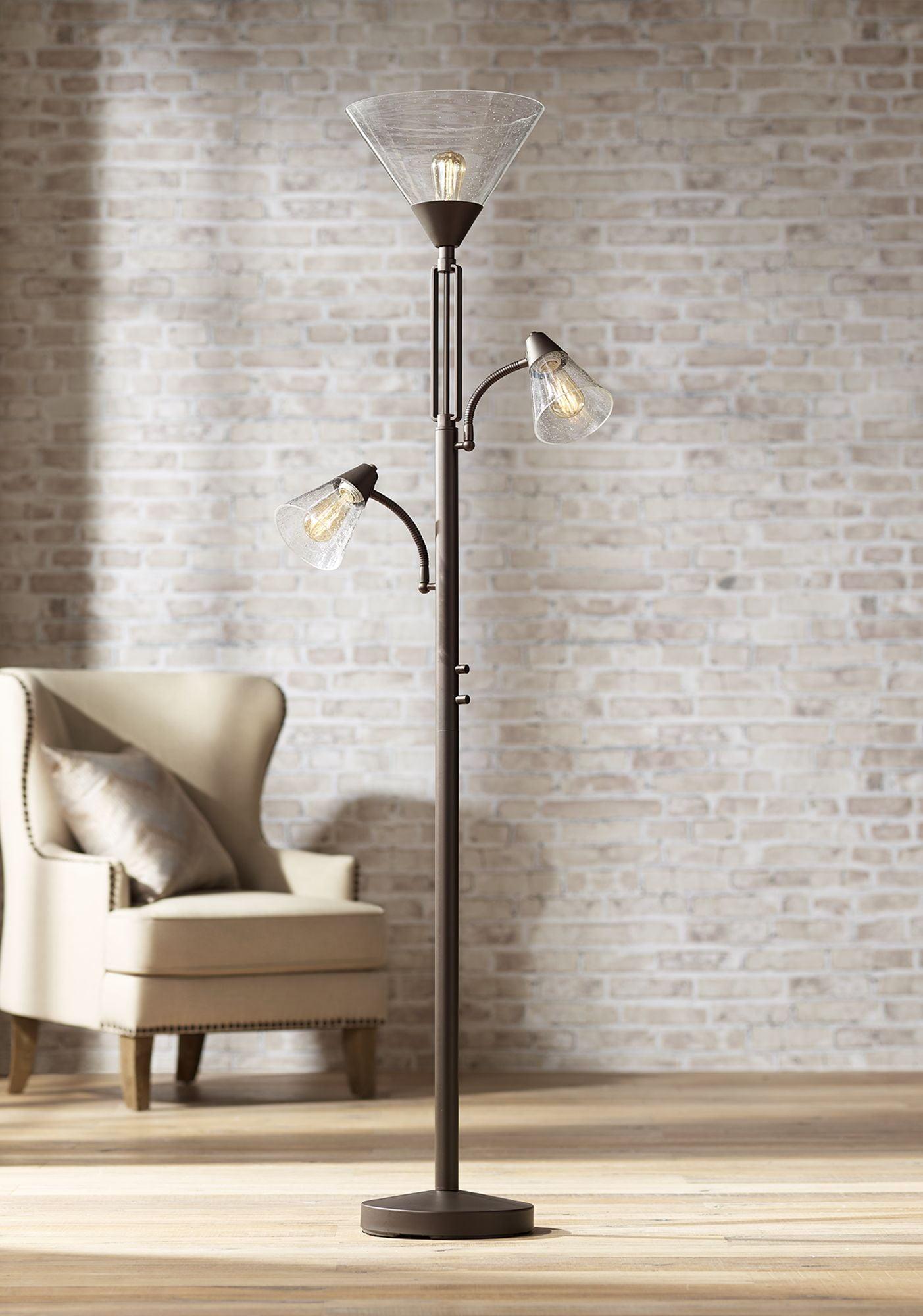 Franklin Iron Works Warwick Industrial Torchiere Floor Lamp with Side Lights 71 1/2" Tall Tiger Bronze LED Clear Seedy Glass for Living Room Reading