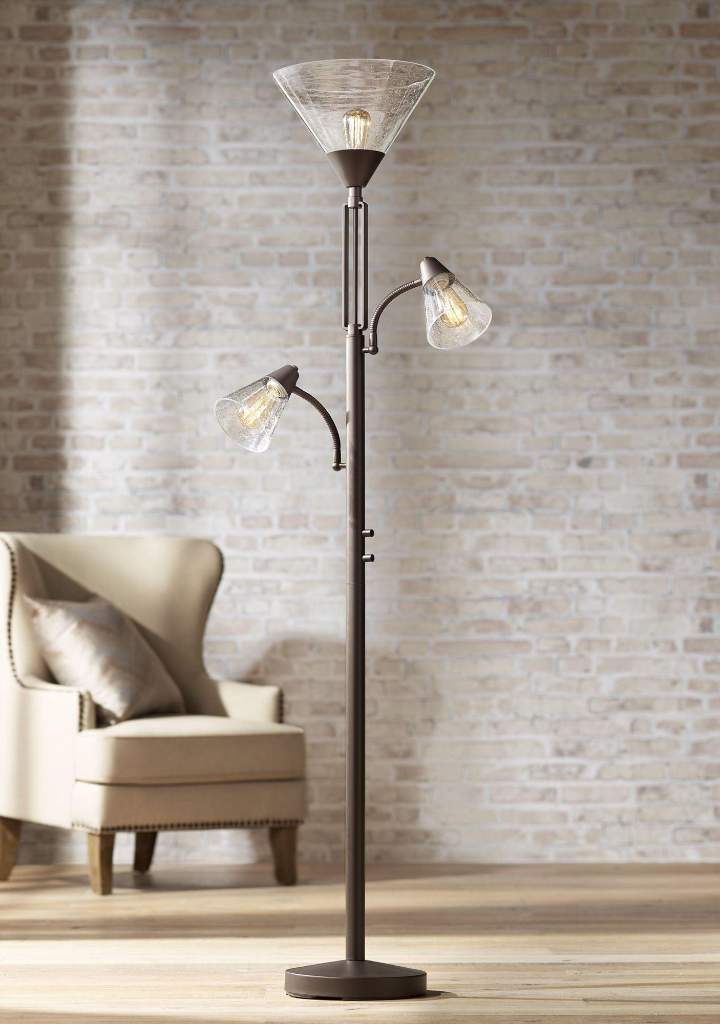 Franklin Iron Works Warwick Industrial Torchiere Floor Lamp with Side Lights 71 1/2" Tall Tiger Bronze LED Clear Seedy Glass for Living Room Reading