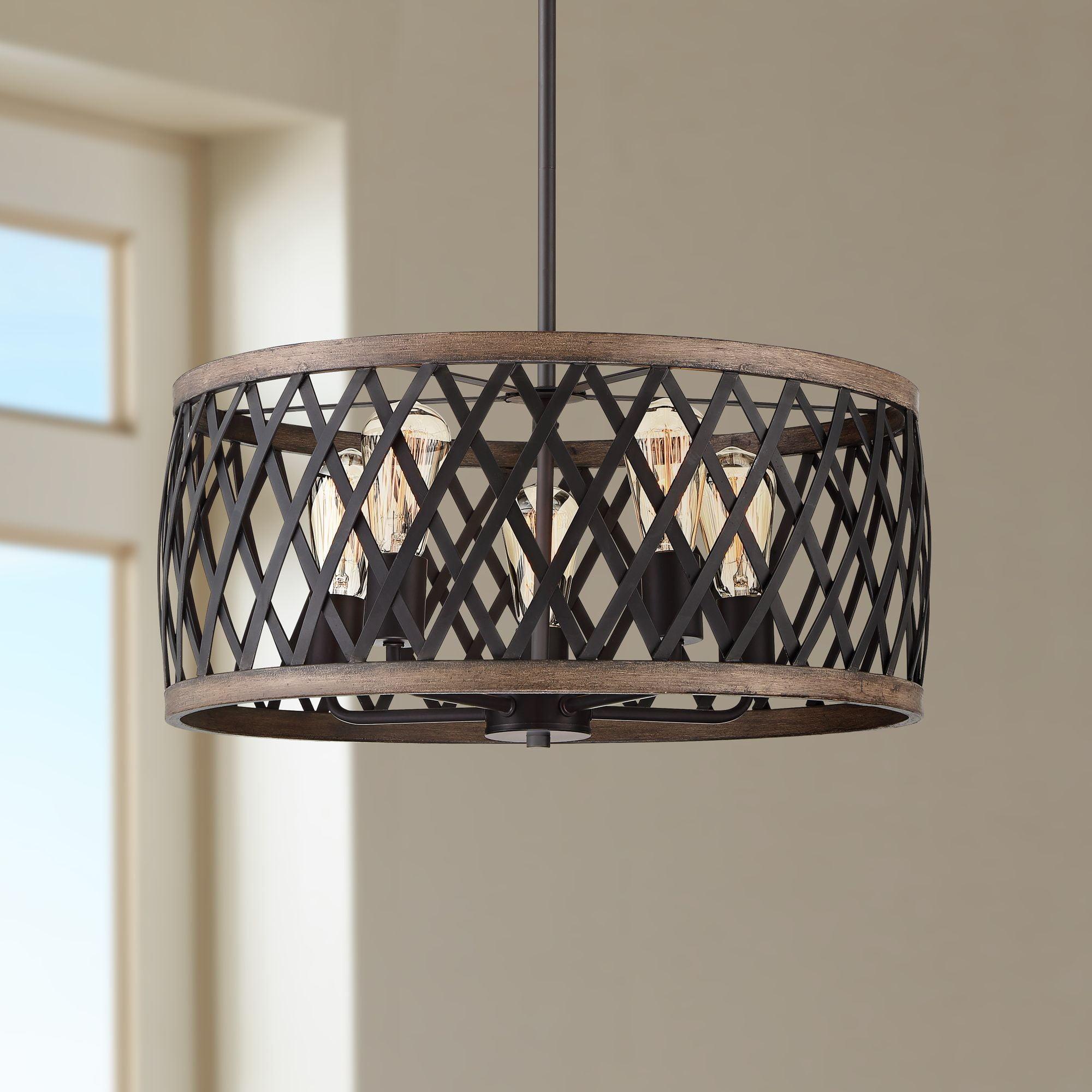 Bronze and Woodgrain Drum Pendant Chandelier with Glass Shades