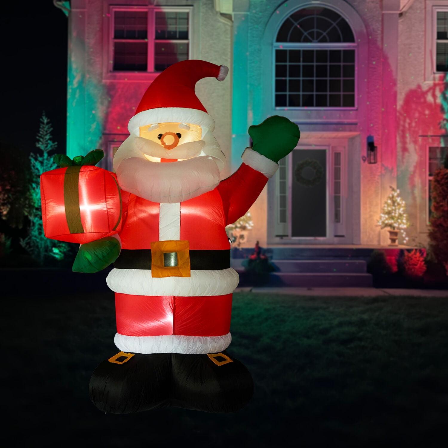 Fraser Hill Farm 10-Ft. Tall Pre-Lit Christmas Inflatable | Santa Claus Holding Gift with Lights and Storage Bag | Outdoor Holiday Blow-Up Festive Celebration Party Decor | FHFSANTA102-L