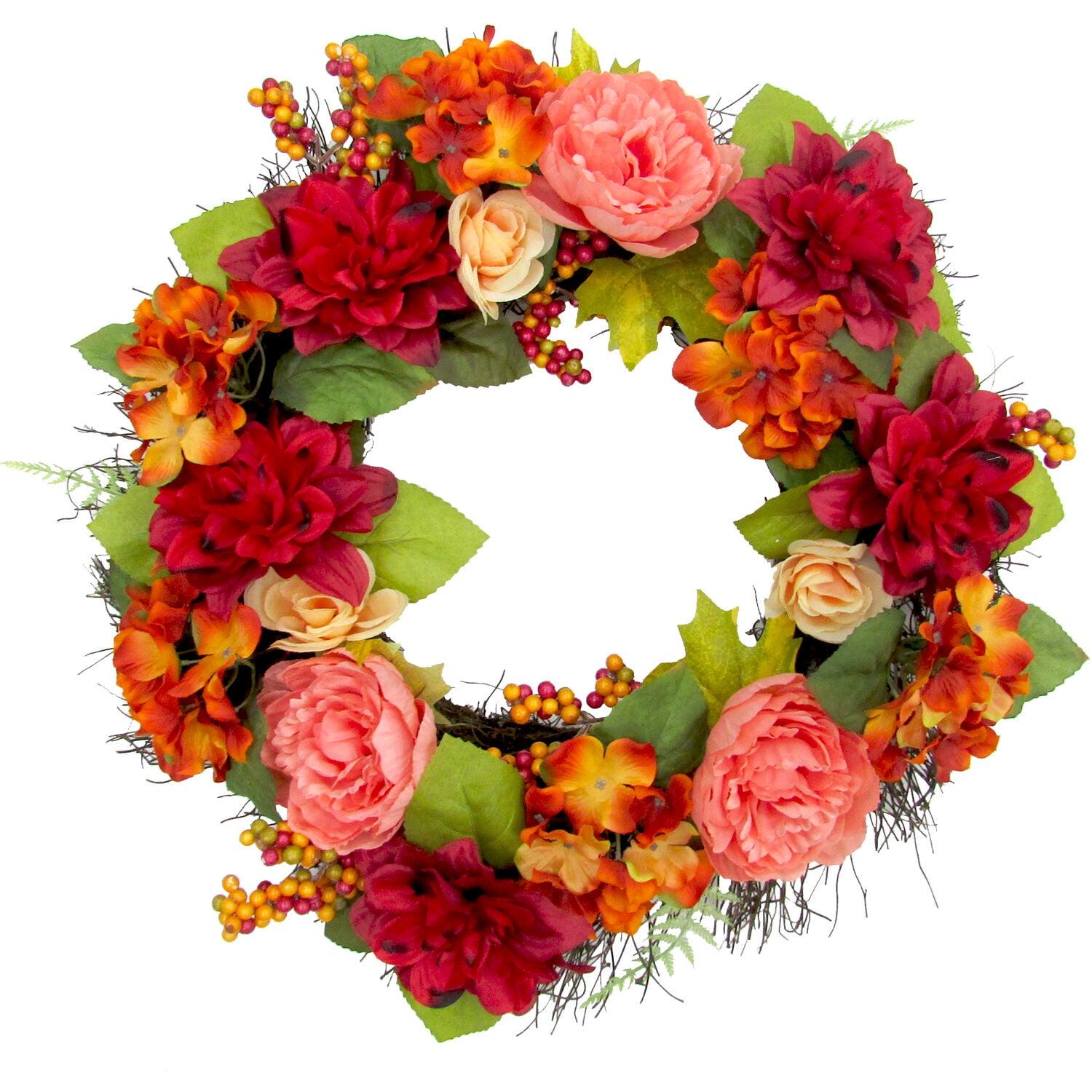 24" Autumnal Artificial Floral Wreath with Dahlias and Peonies