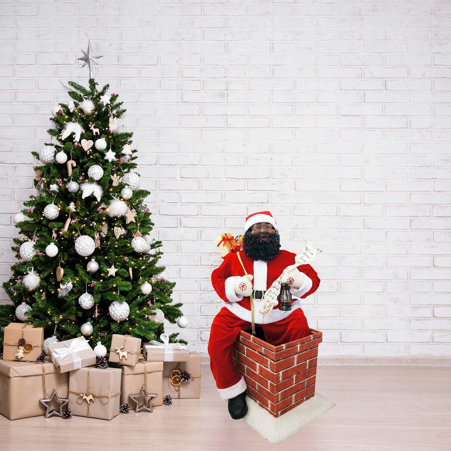 Fraser Hill Farm 48" Music and Motion African American Santa Claus in the Chimney, Life-Size Christmas Holiday Indoor Home Decor