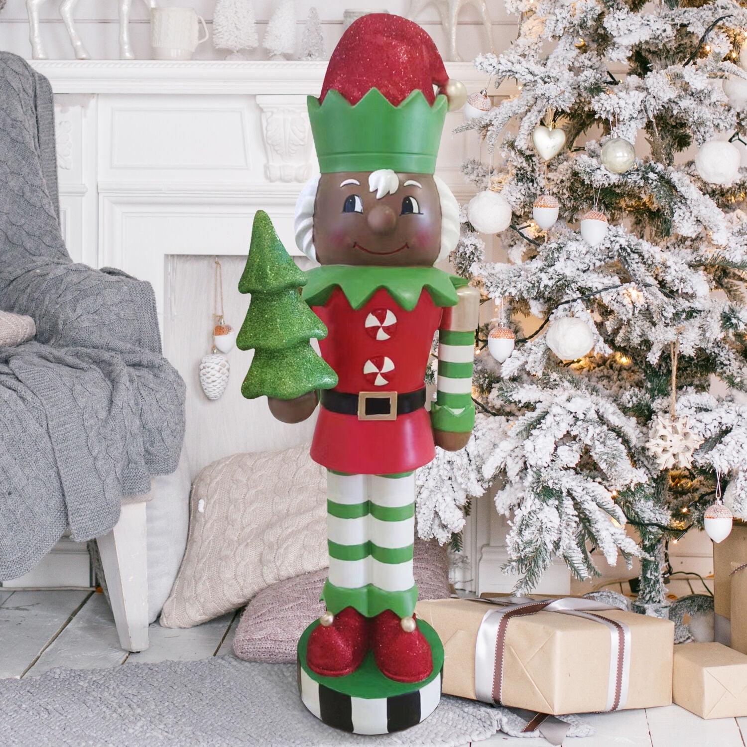 Fraser Hill Farm 48-inch Elf Nutcracker Figurine Holding Tree in Red/Green