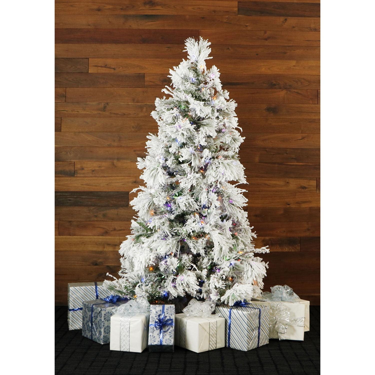 9 ft Snowy Pine Flocked Artificial Christmas Tree with Multi-Color LED Lights