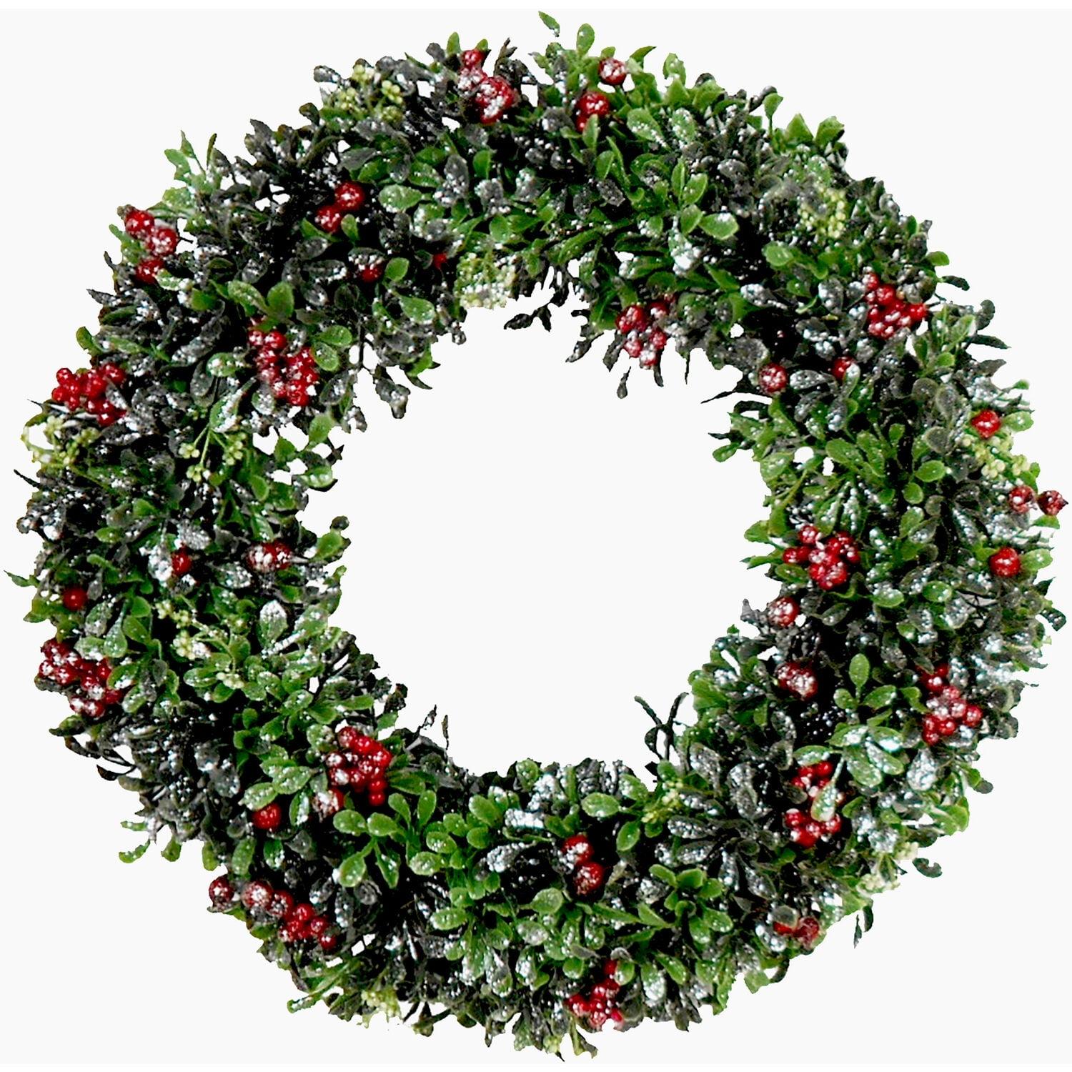 20-Inch Green Faux Boxwood Christmas Wreath with Red Berries