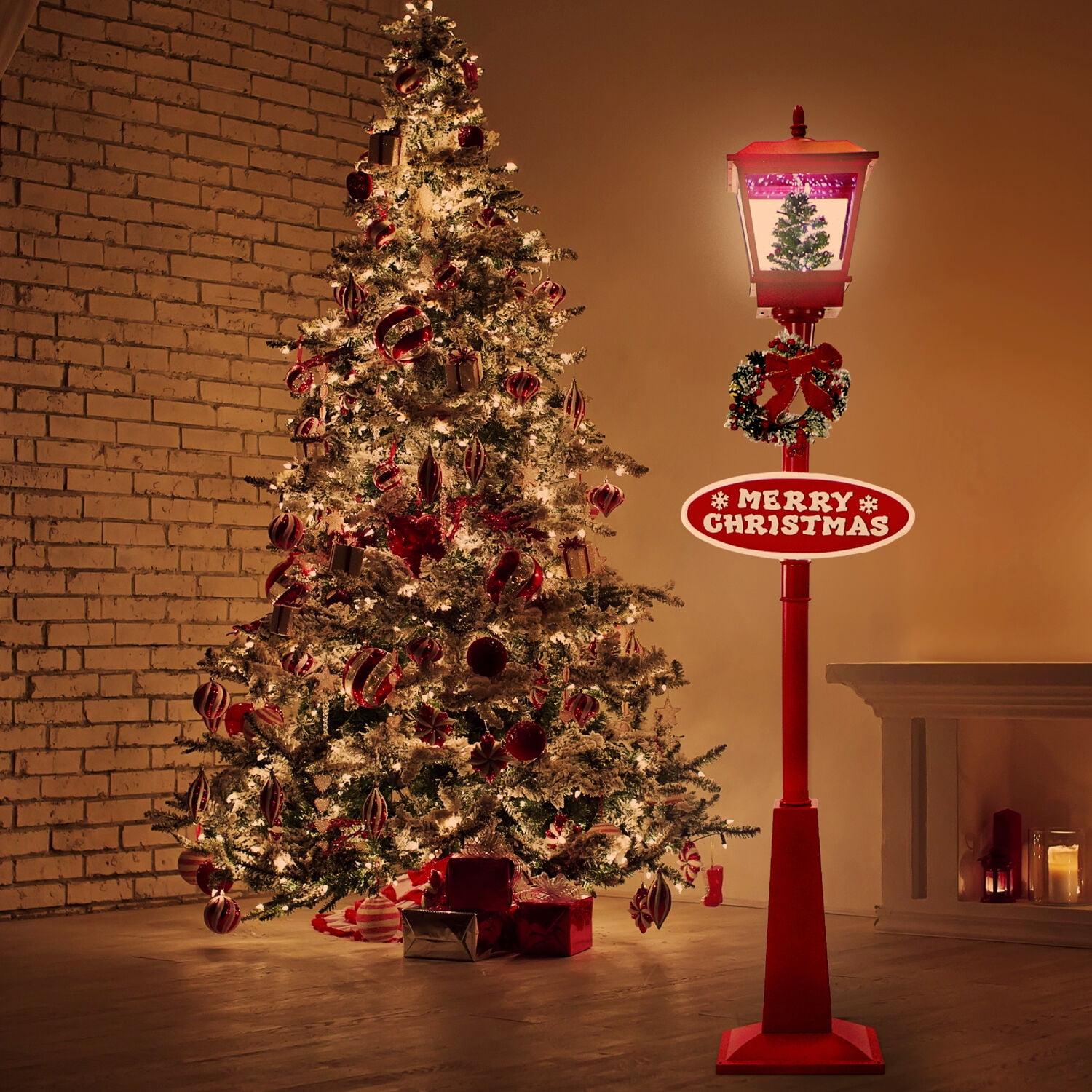 Red Musical Christmas Street Lamp with Snowman Scene, 71 inches