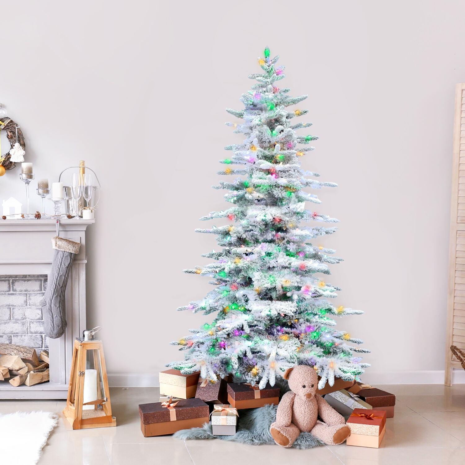 Fraser Hill Farm Flocked Mountain Pine Christmas Tree with LED Lights