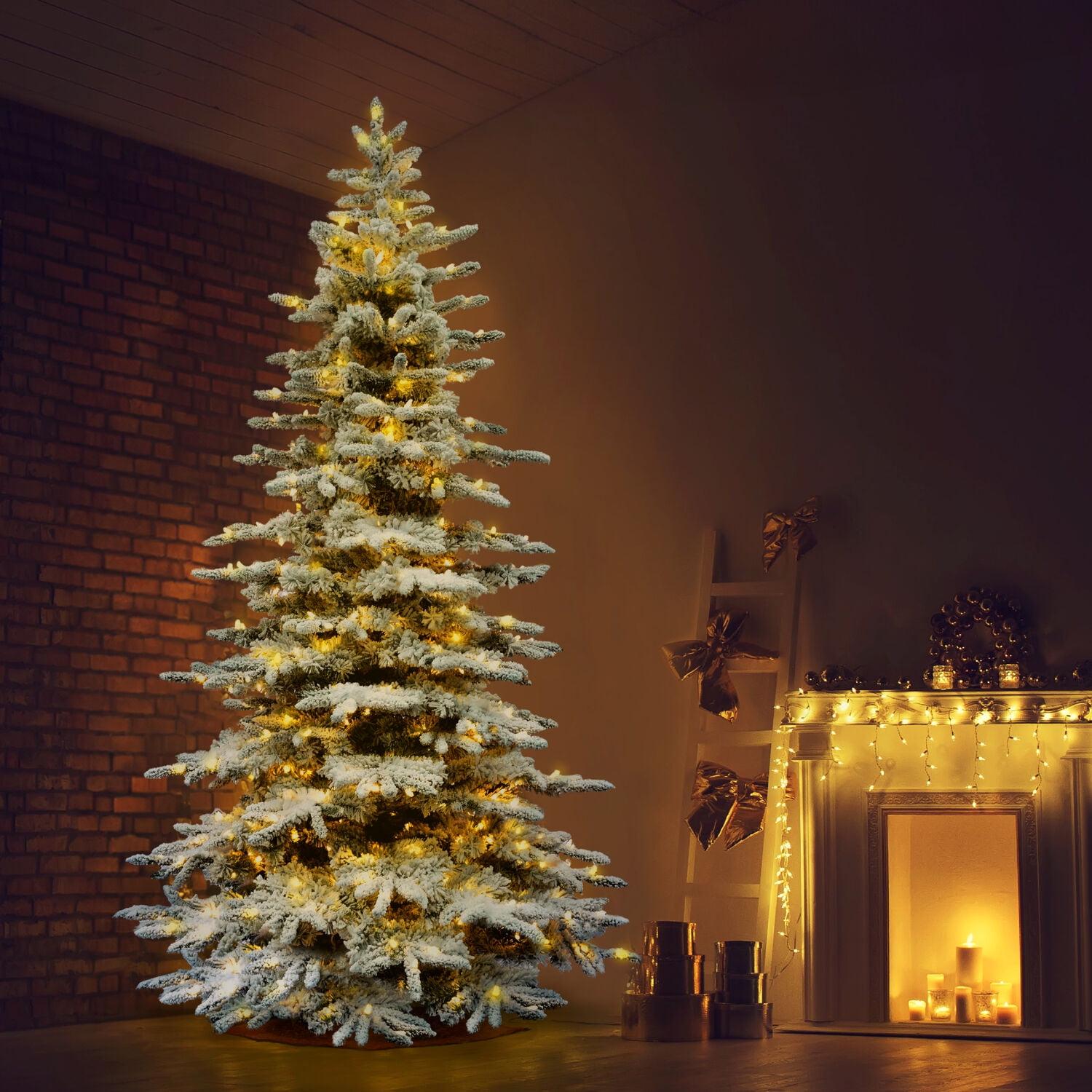 12-Foot White Flocked Pine Christmas Tree with LED Lights