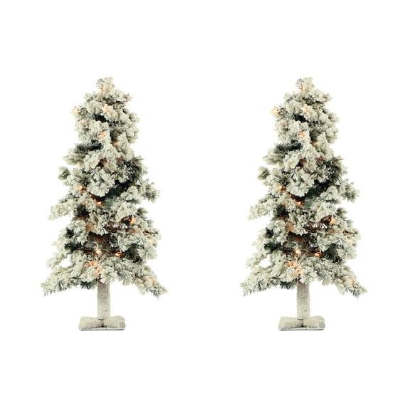Fraser Hill Farm Set of Two 2-Ft. Snowy Alpine Artificial Trees with Clear Lights