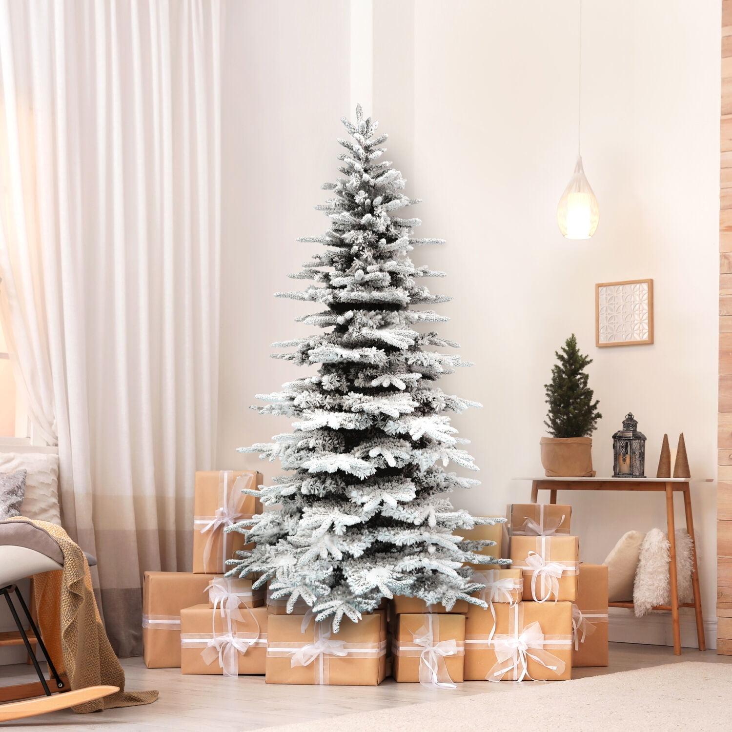 7.5-Ft Flocked White Pine Artificial Christmas Tree with Stand