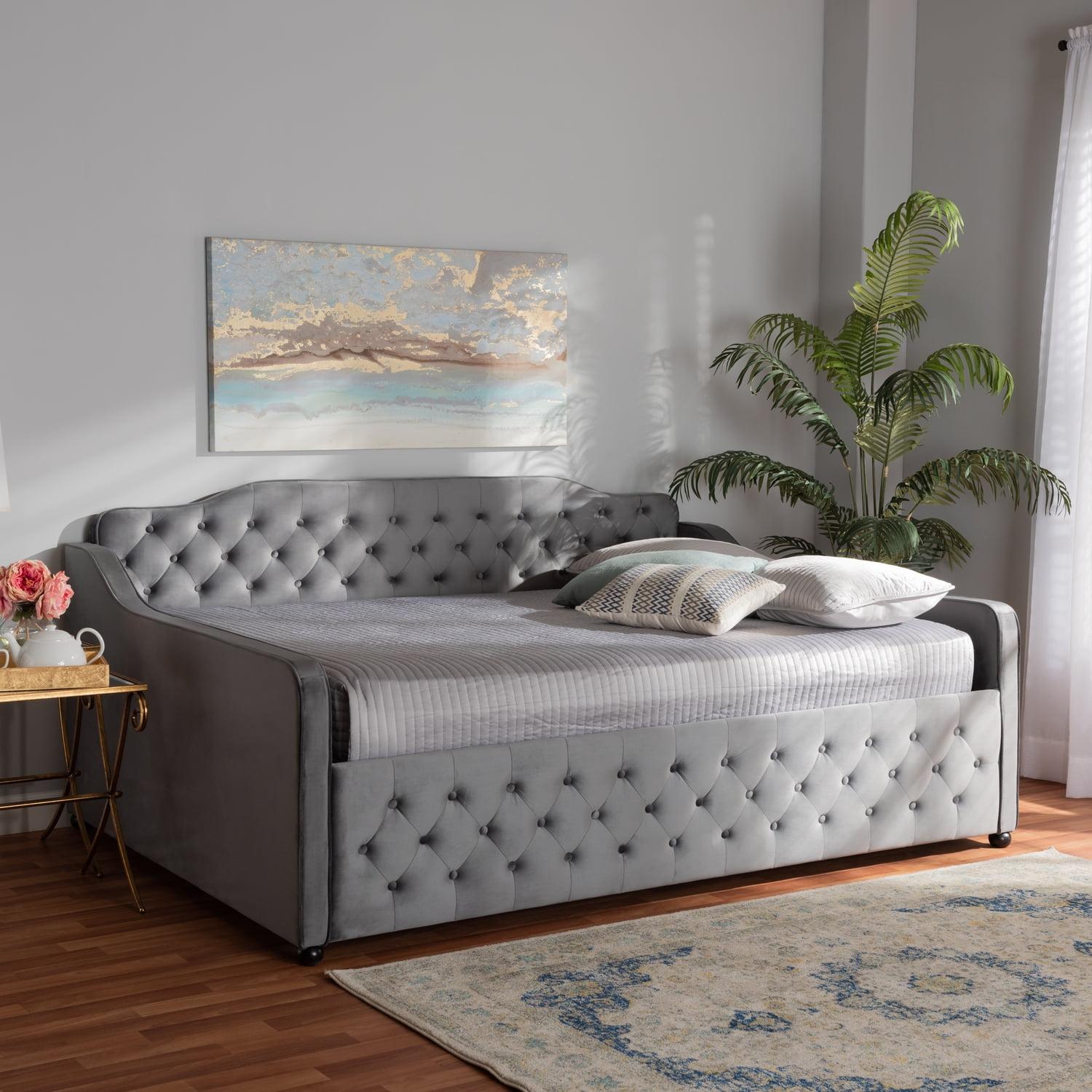 Gray Velvet Upholstered Button Tufted Full Daybed