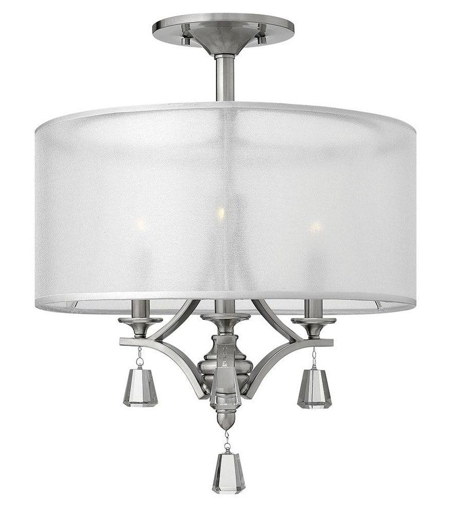Elegant Brushed Nickel Drum Pendant with Sheer Double Shade and Crystal Accents