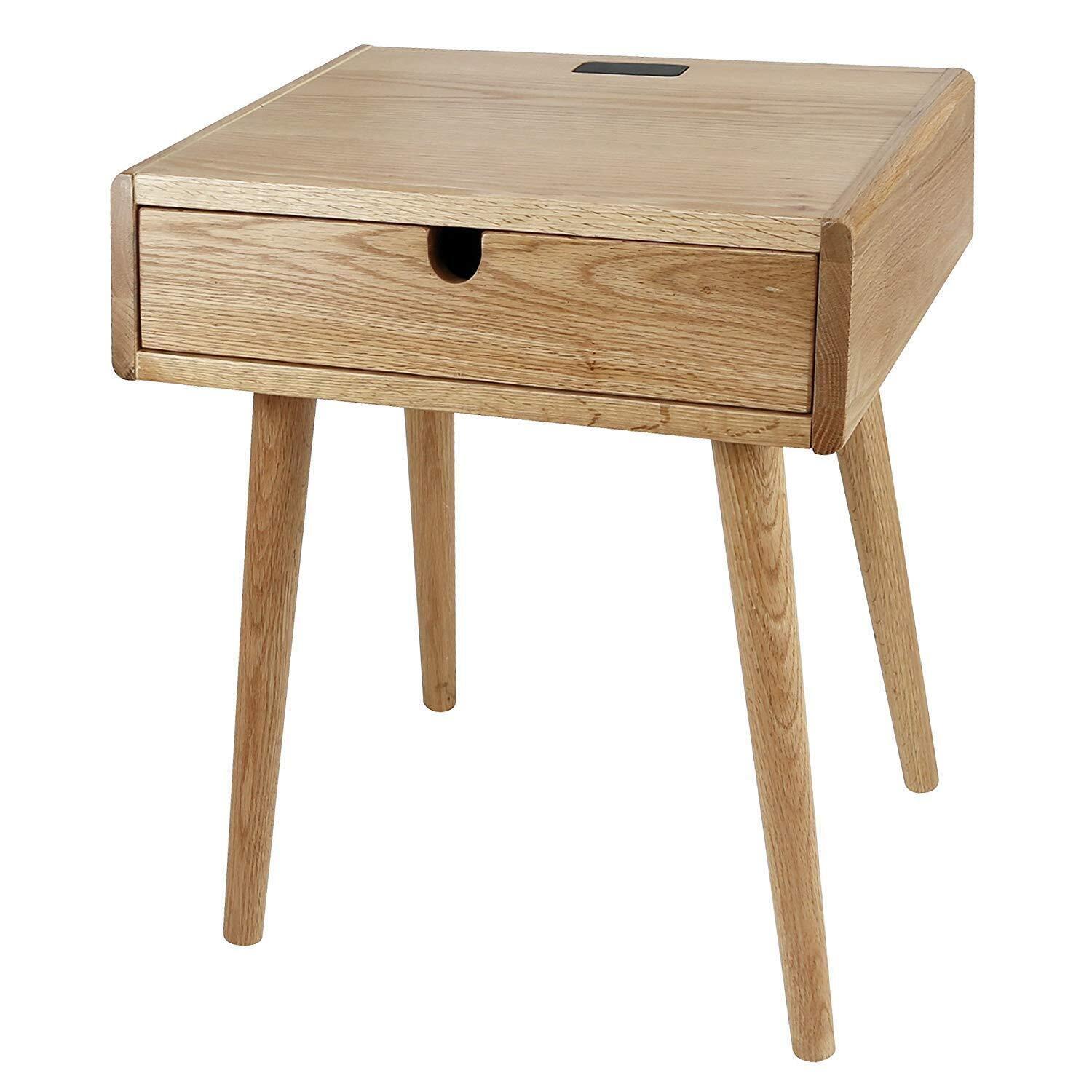 Natural Oak Nightstand with USB Ports and Drawer