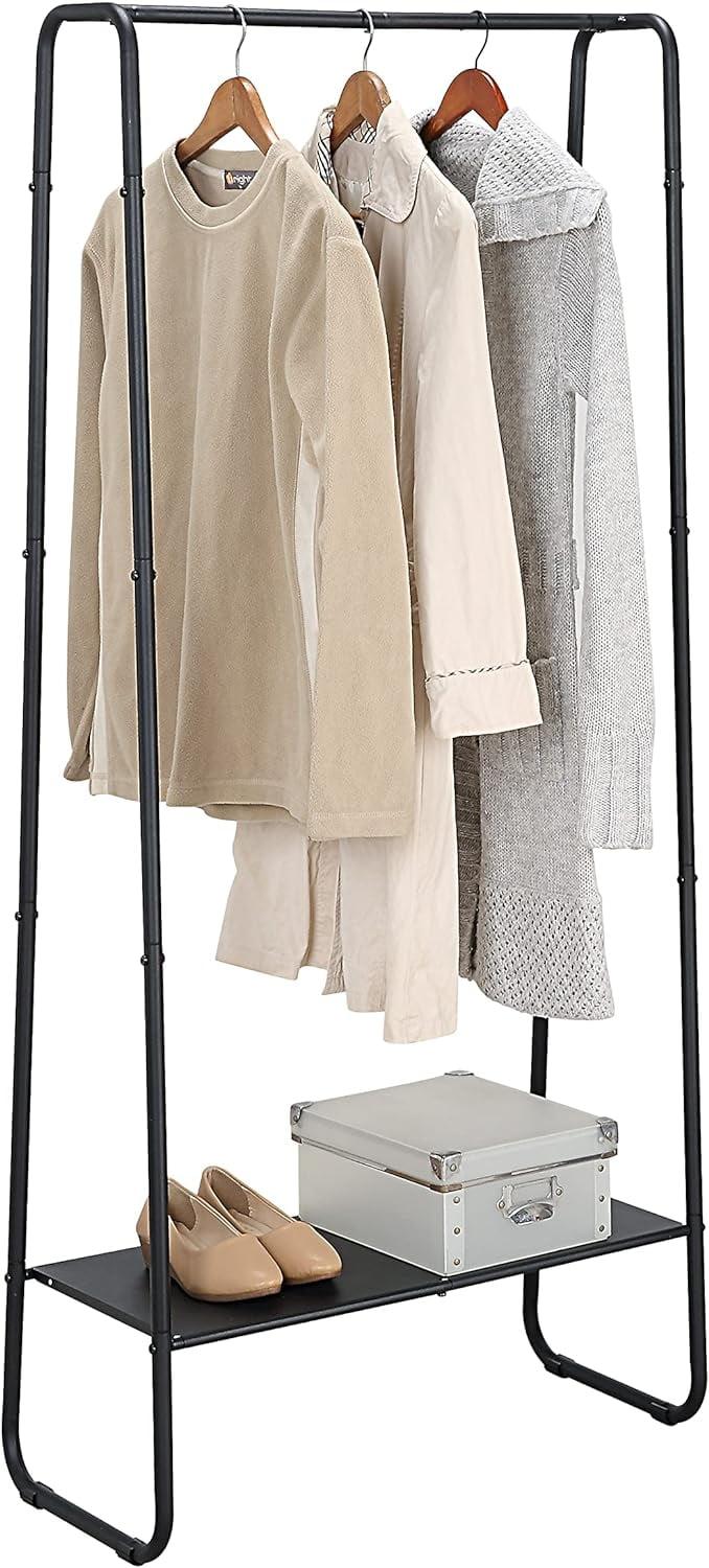 Freestanding Black Metal Garment Rack with Wooden Shelf