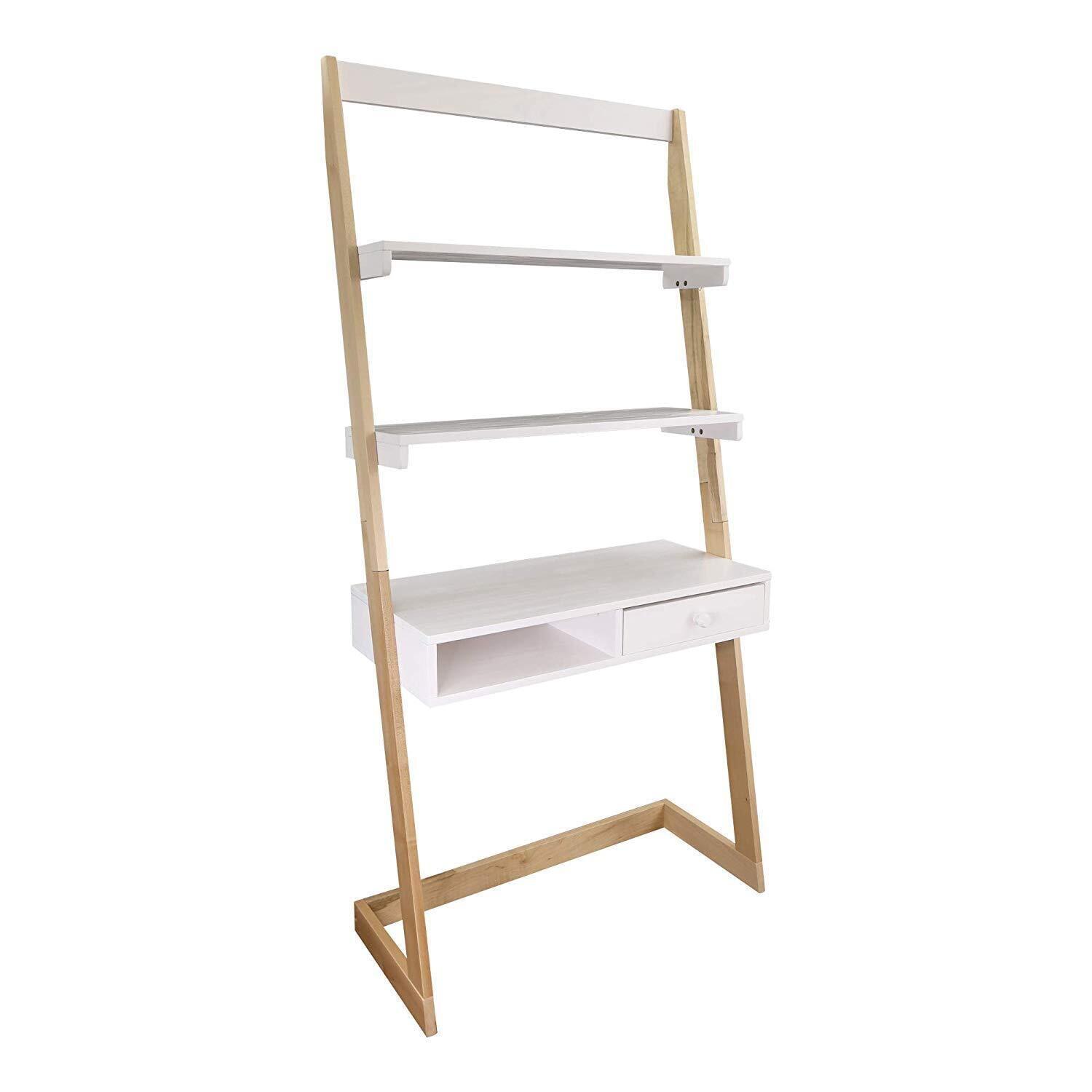 White Solid Wood Ladder Desk with Drawer and Shelves