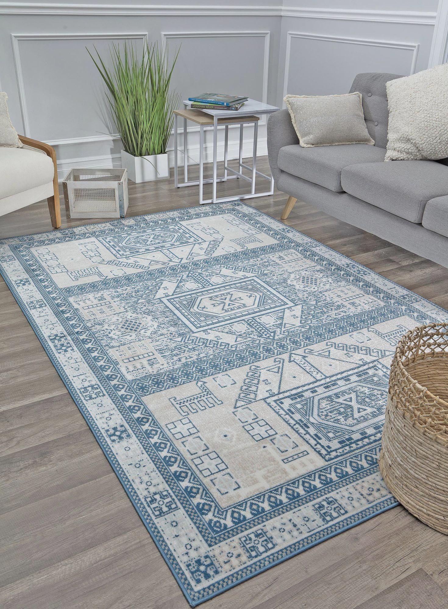 Rugs America Freida FY60A Azure Vintage Farmhouse Area Rug for Dining Room Rug Neutral Rug Living Room Rug Kitchen, 5'x7'
