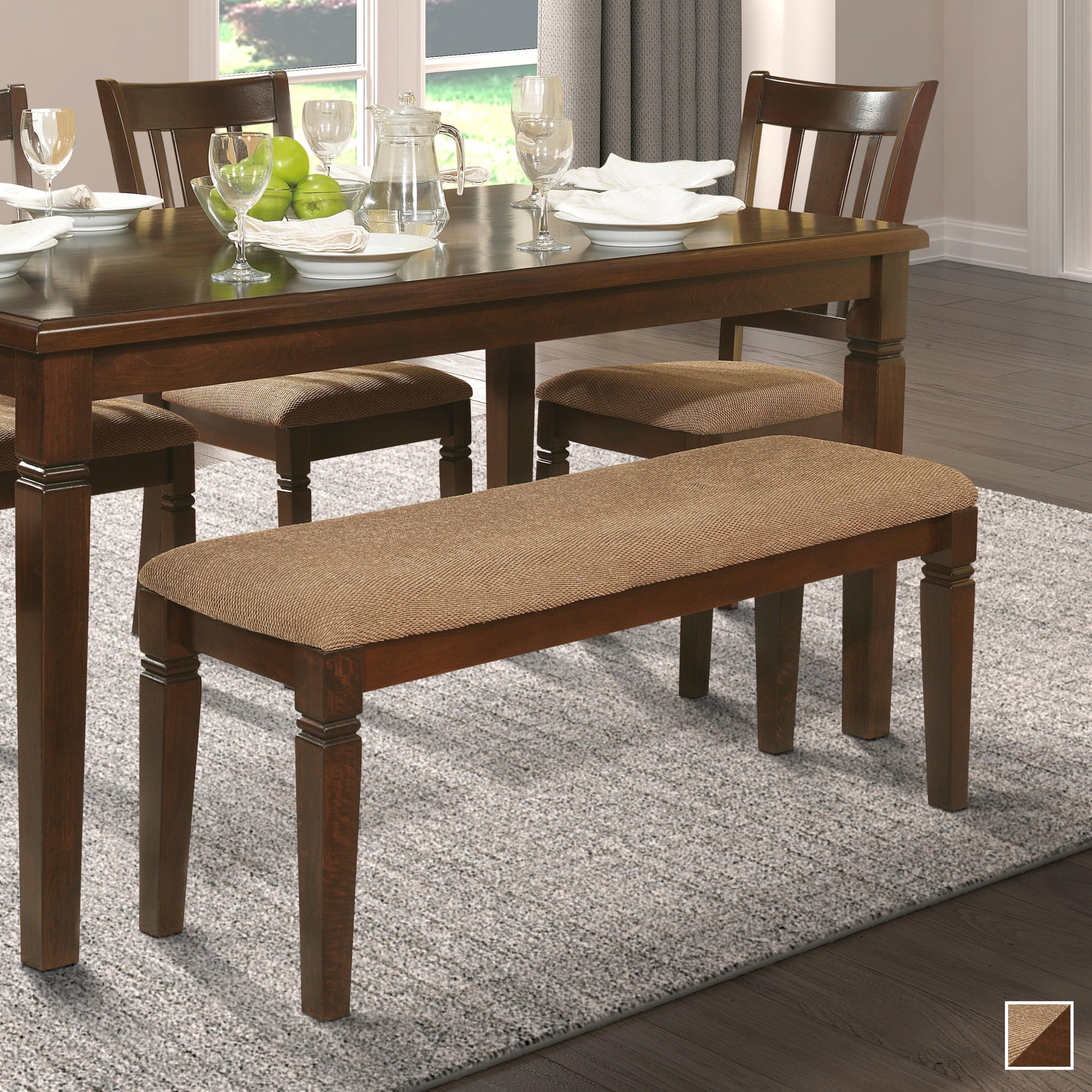 Espresso Oak Veneer Dining Bench with Brown Fabric Upholstery