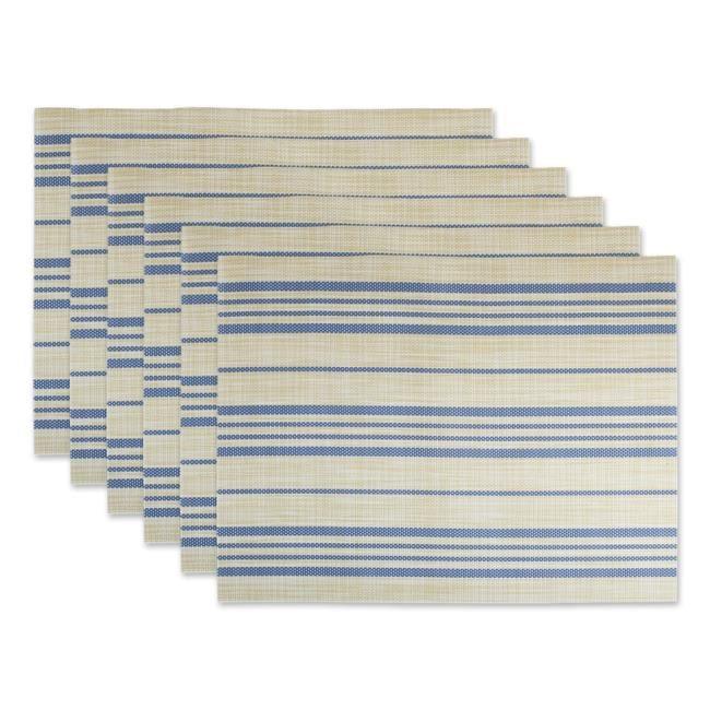 DII French Stripe Placemat Set 6 Piece, Taupe/Teal, 13x19"