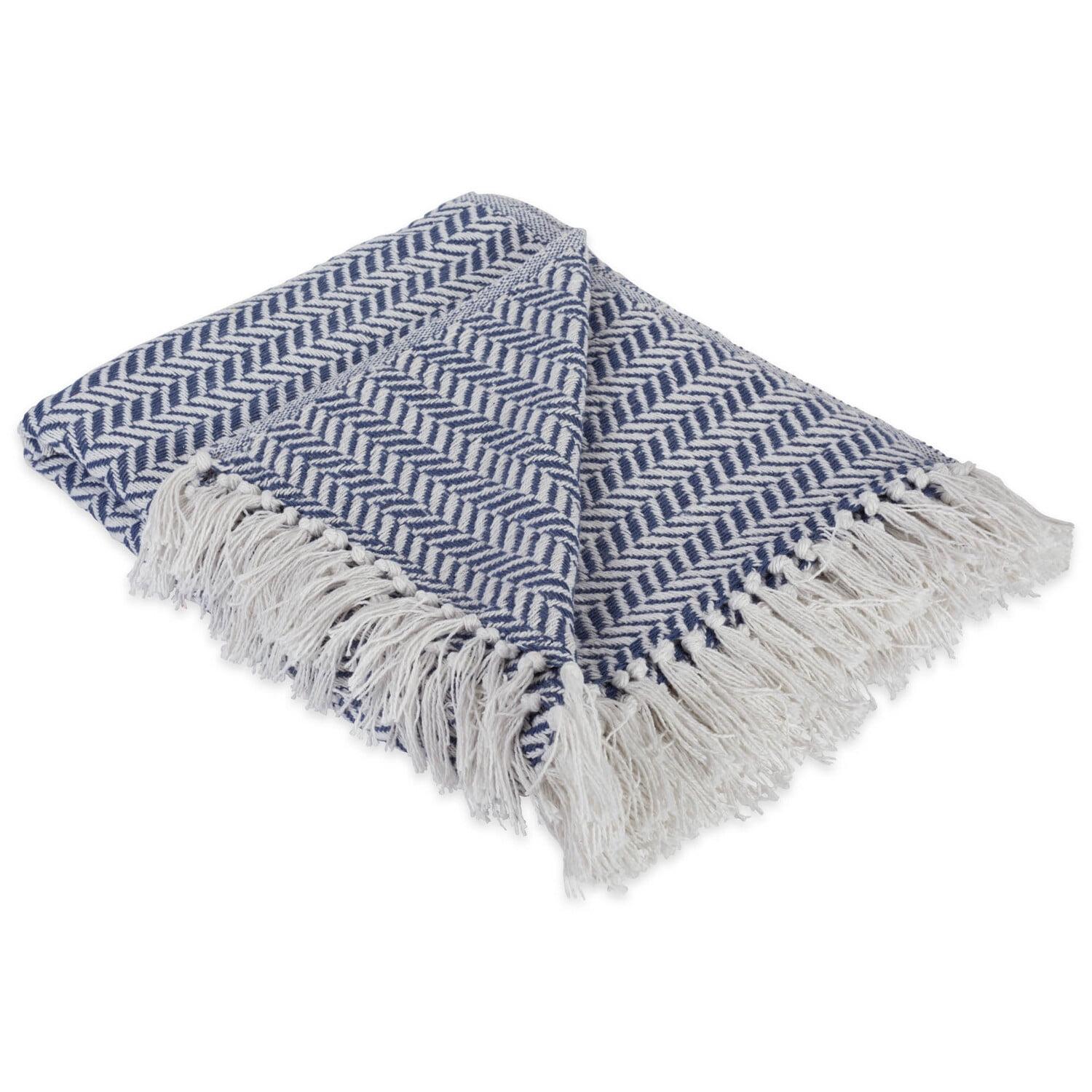 French Blue Cotton Sherpa Herringbone Throw Blanket