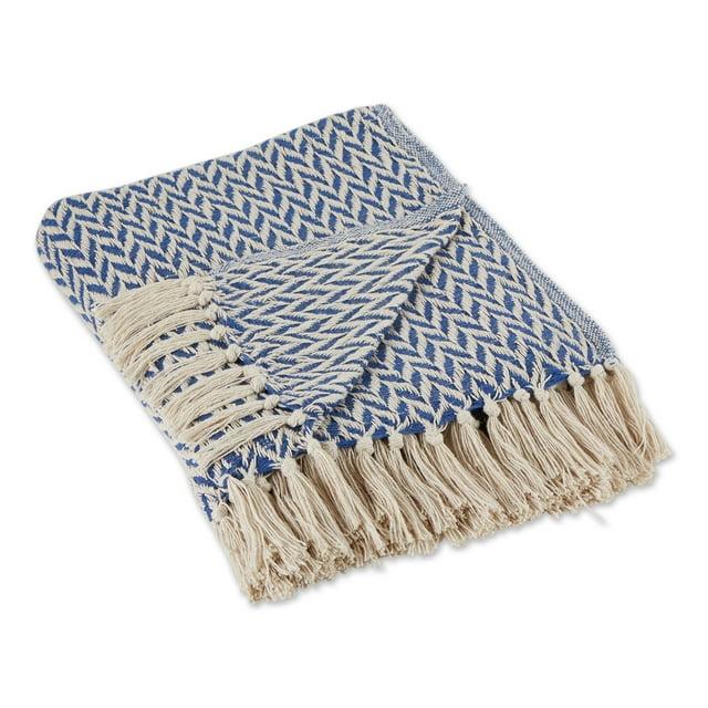50"x60" Zig-Zag Throw Blanket French Blue - Design Imports: Woven Cotton, Hand-Knotted Fringe