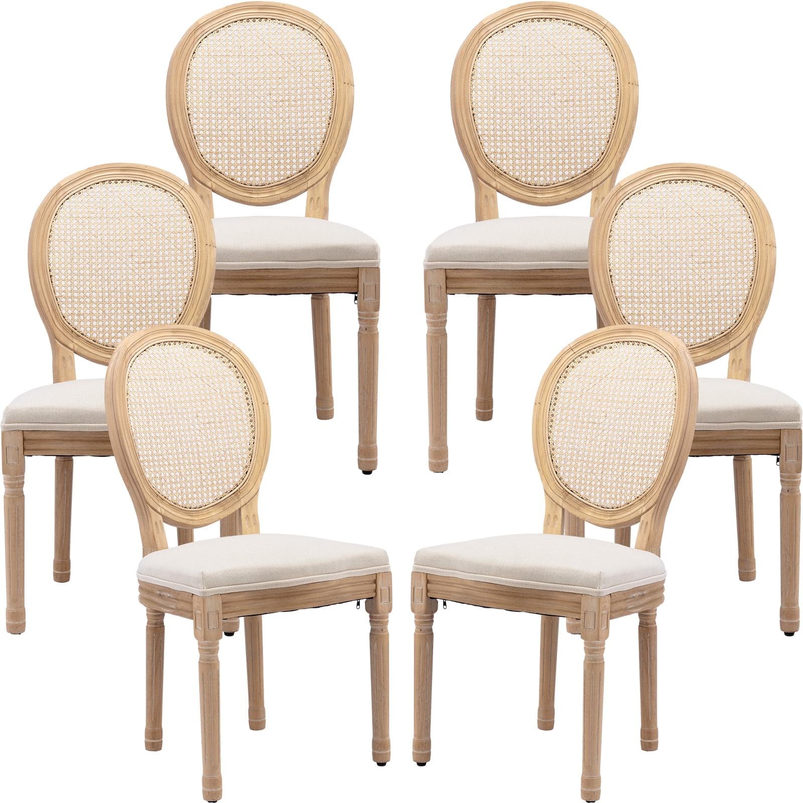 One Allium Way® French Style Rattan Back Solid Wood Upholstered Dining Chairs(Set of 6)