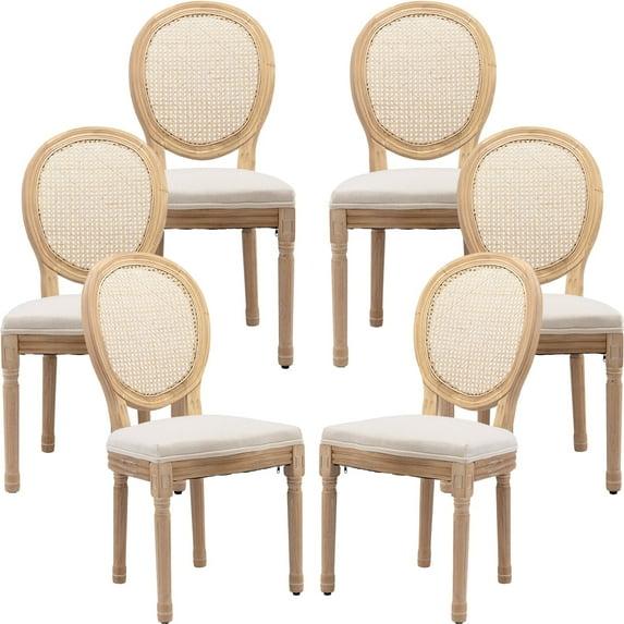 One Allium Way® French Style Rattan Back Solid Wood Upholstered Dining Chairs(Set of 6)