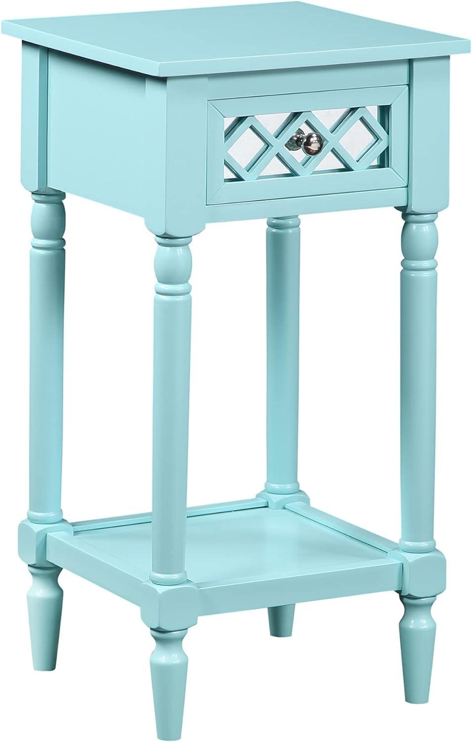 Aqua Blue Pine Wood Deluxe Accent Table with Mirrored Drawer