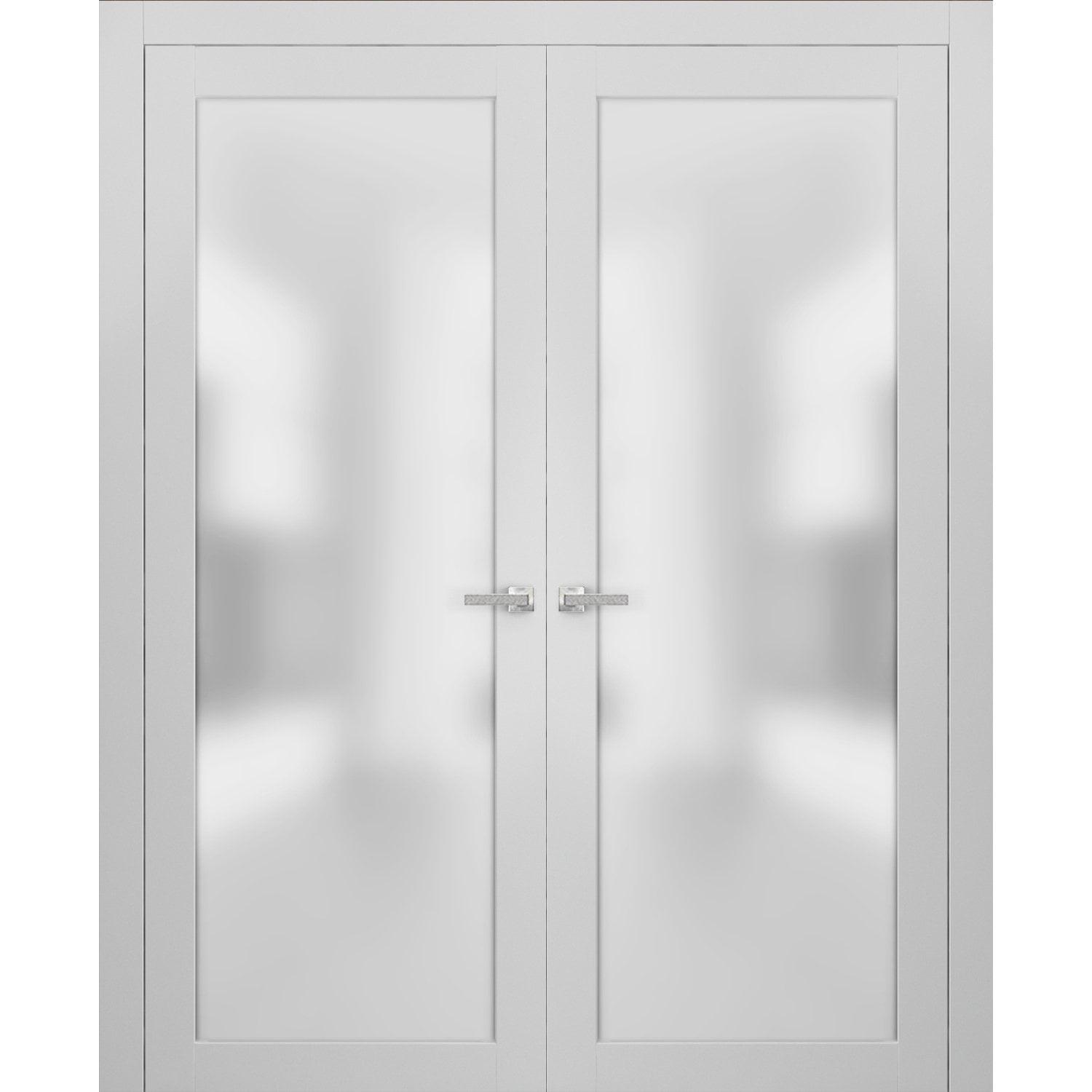 Solid Pine French Double Doors with Frosted Glass Panels, 64 x 96 inches